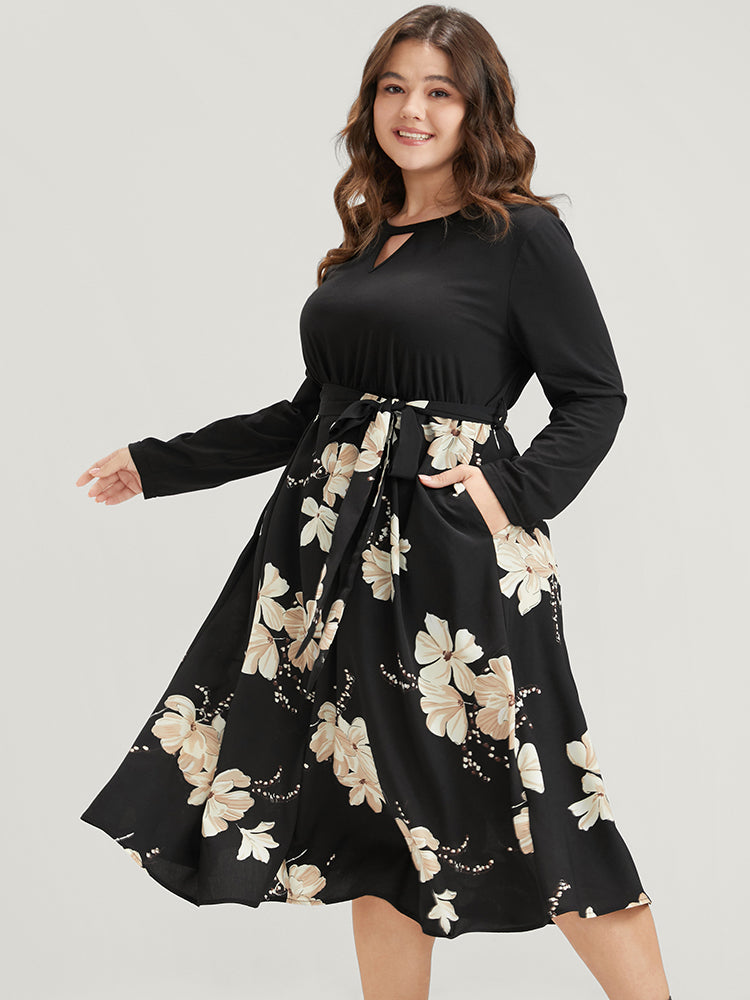 Floral Print Keyhole Round Neck Pocket Belted Dress-Sweetccc