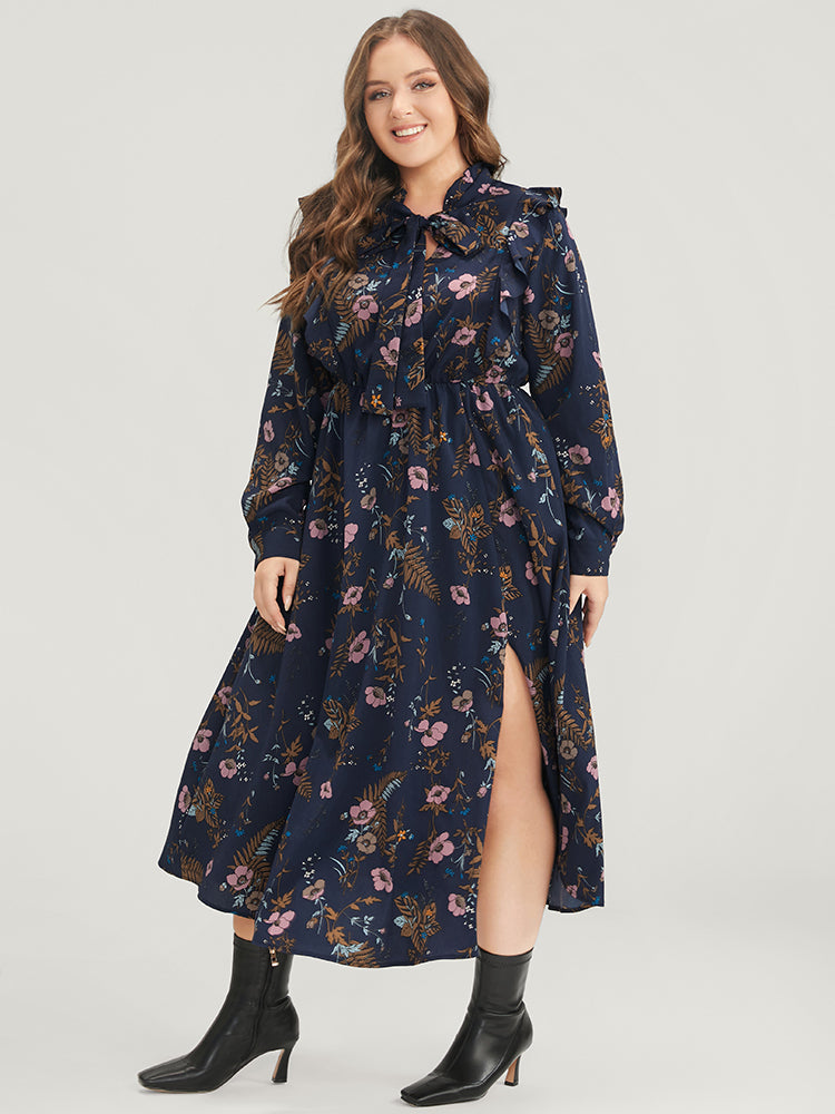 Floral Pocket Knotted Neck Ruffle Trim Split Dress-Sweetccc