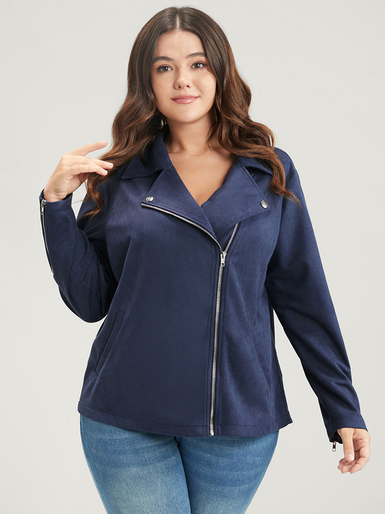 Solid Lapel Collar Pocket Zip Up Coat-Sweetccc