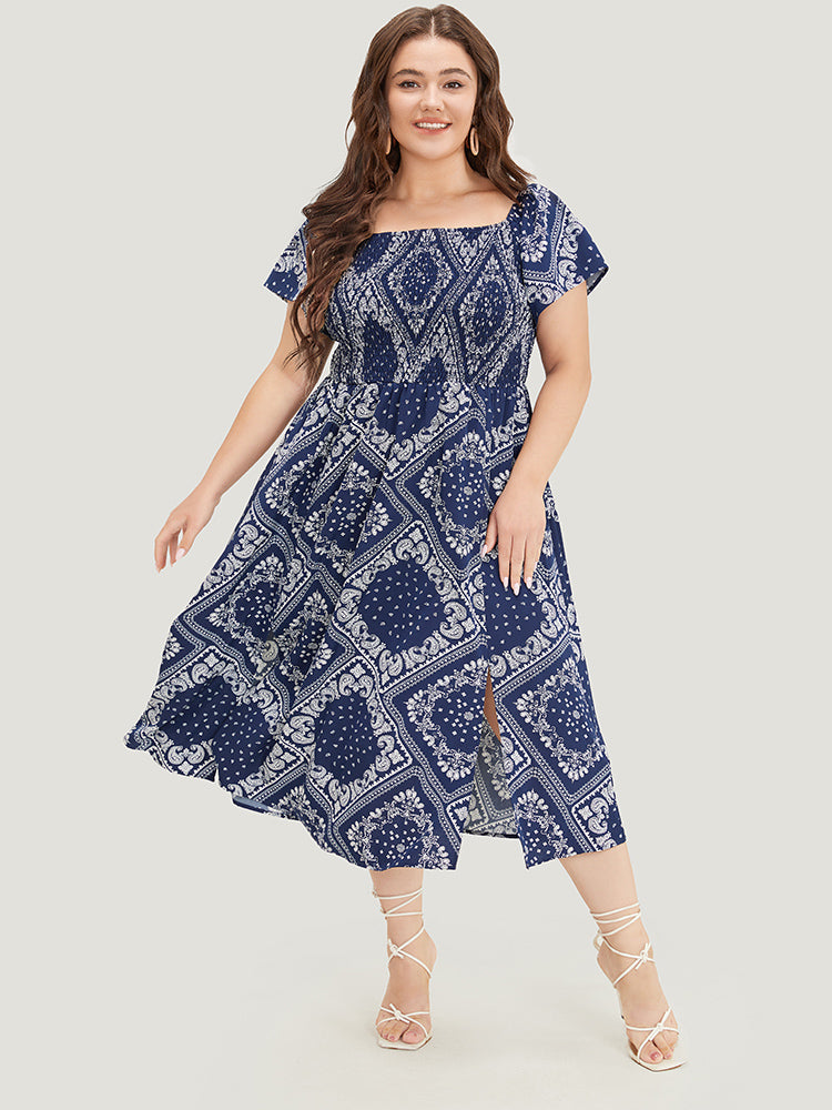 Paisley & Moroccan Print Pocket Shirred Square Neck Split Dress-Sweetccc