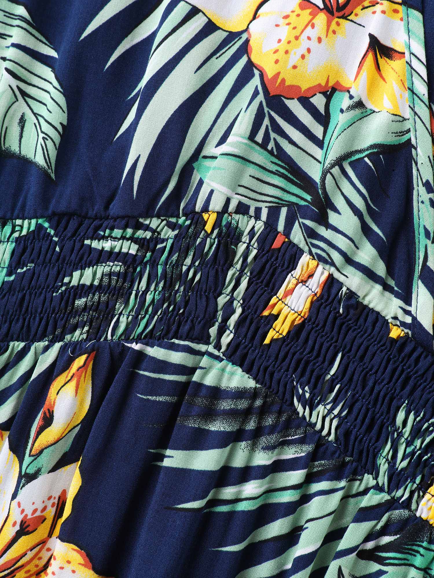 Tropical Floral Print Shirred Waist Midi Dress-Sweetccc