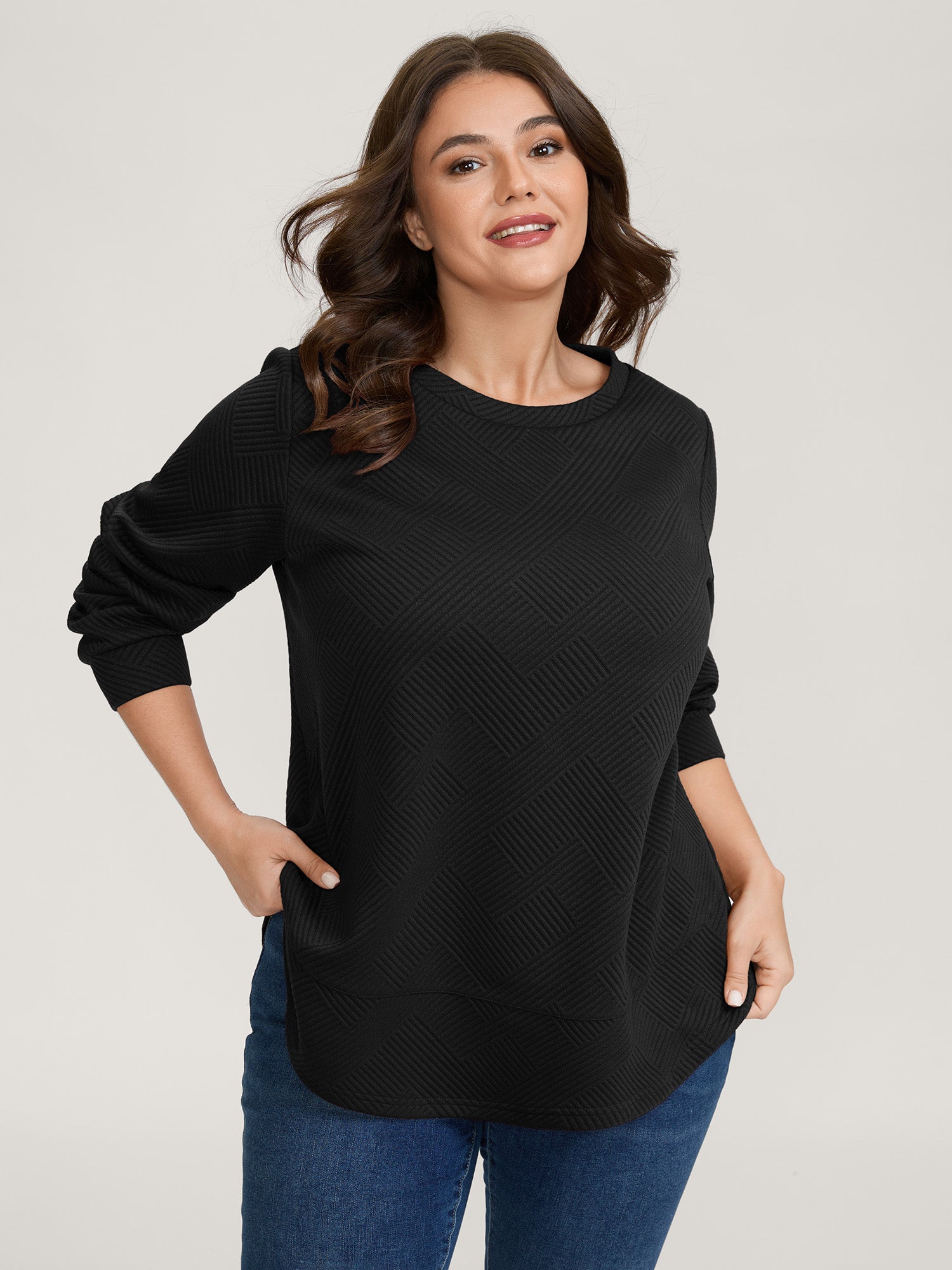 Textured Curvy Hem Round Neck Sweatshirt-Sweetccc