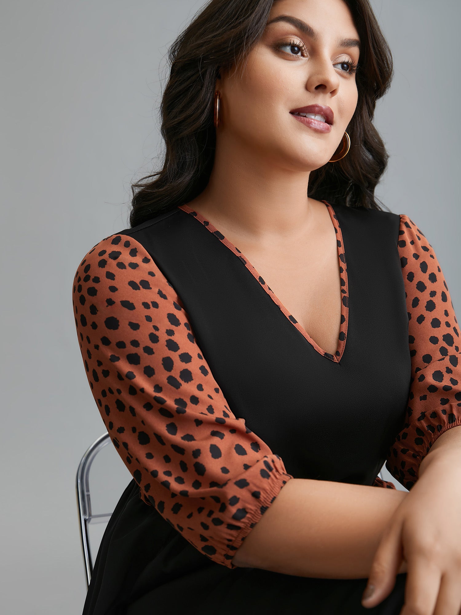 V Neck Polka Dot Color contrast Dress-Sweetccc