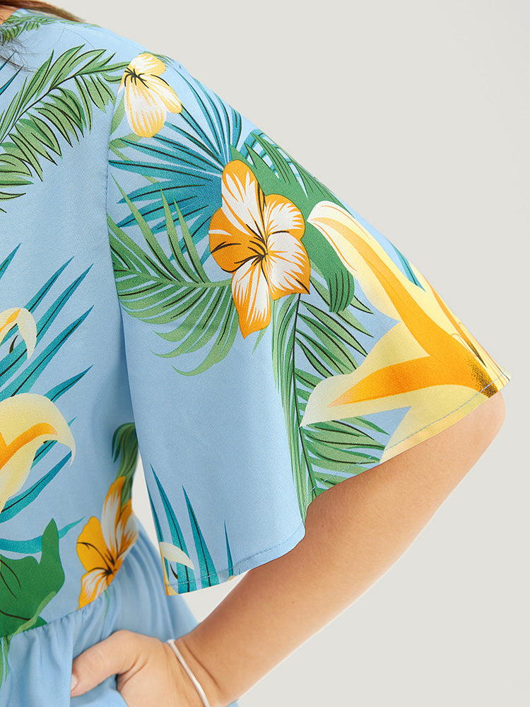 Tropical Print Ruffle Sleeve Wrap Pocket Midi Dress-Sweetccc