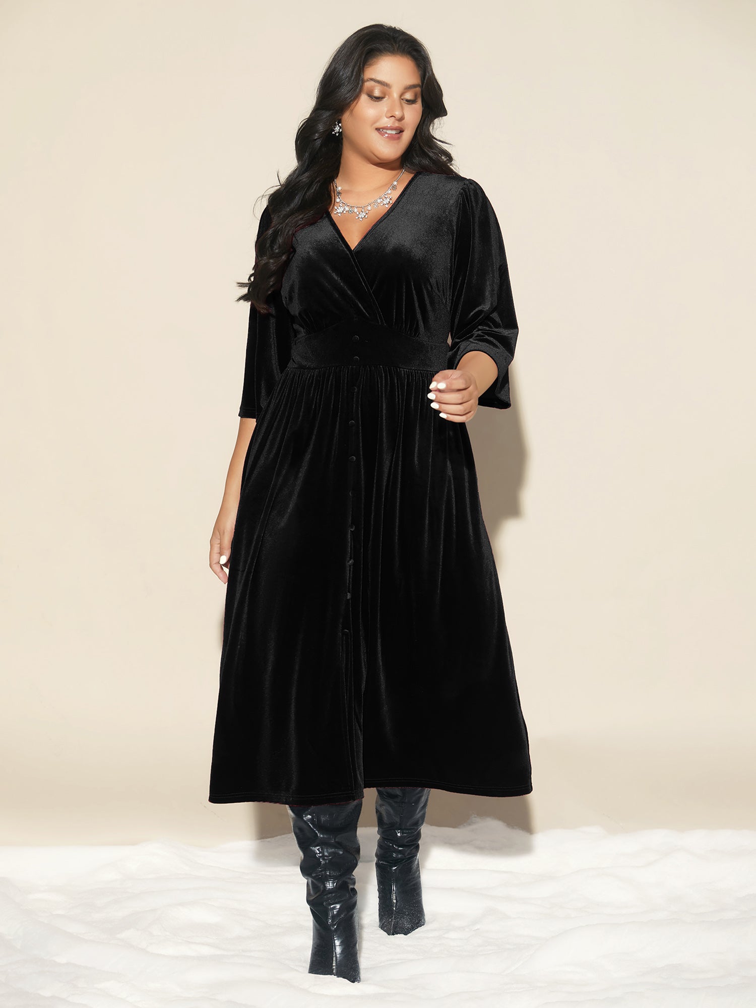 Velvet Ruched Surplice Neckline Midi Dress-Sweetccc