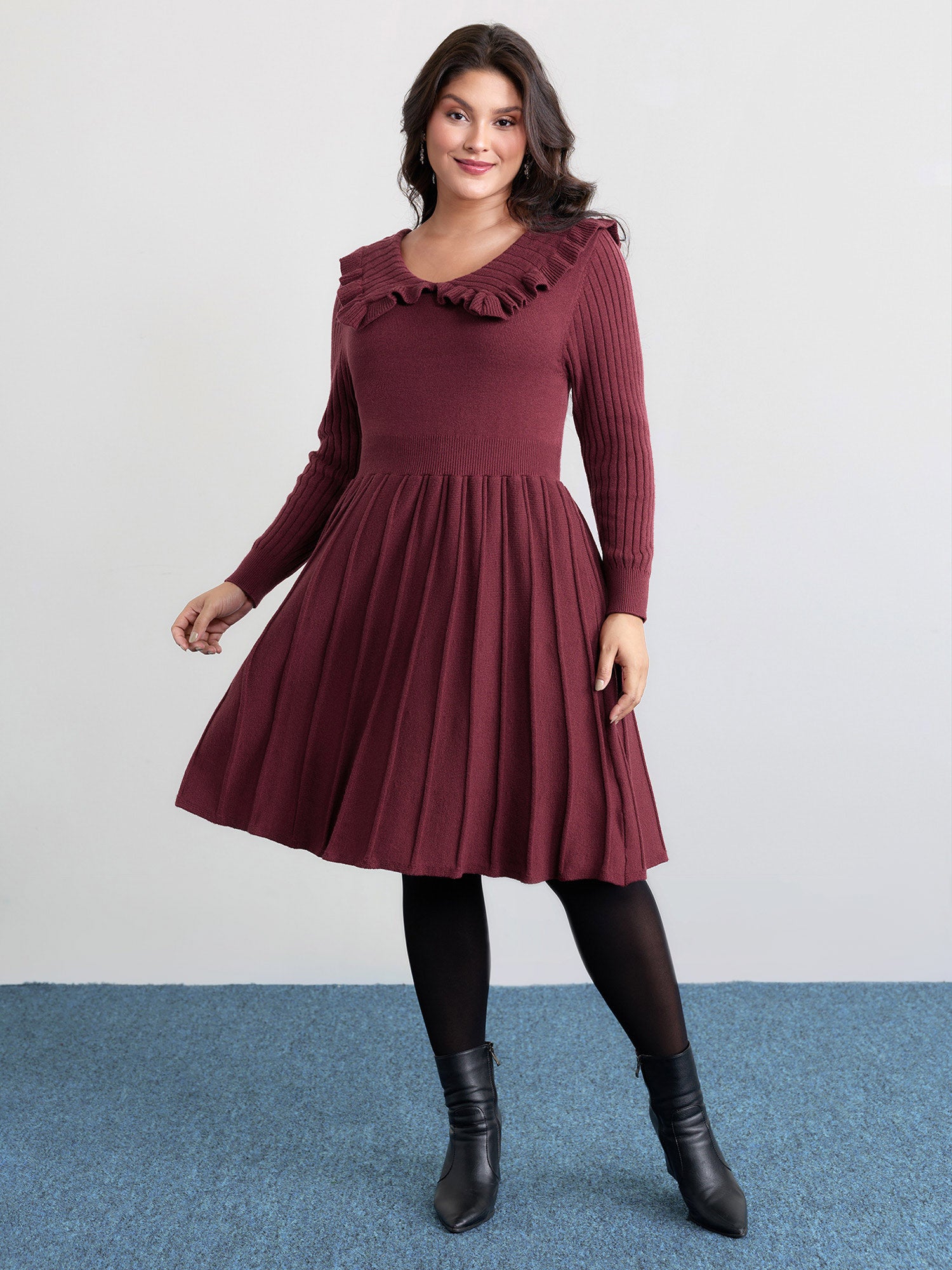 Supersoft Ruffled Neckline Cinched-Waist Sweater Dress-Sweetccc