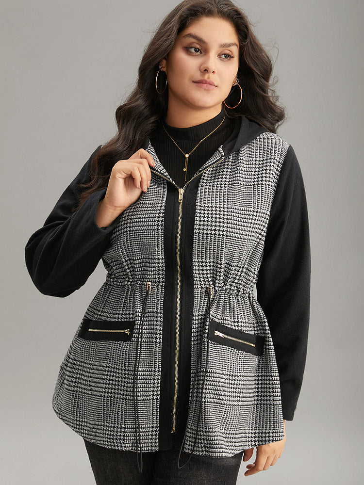 Houndstooth Patchwork Zipper Drawstring Coat-Sweetccc