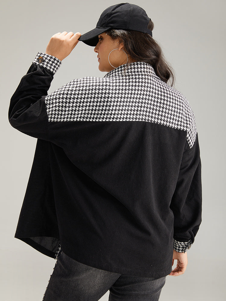 Houndstooth Patchwork Pocket Button Through Corduroy Coat-Sweetccc