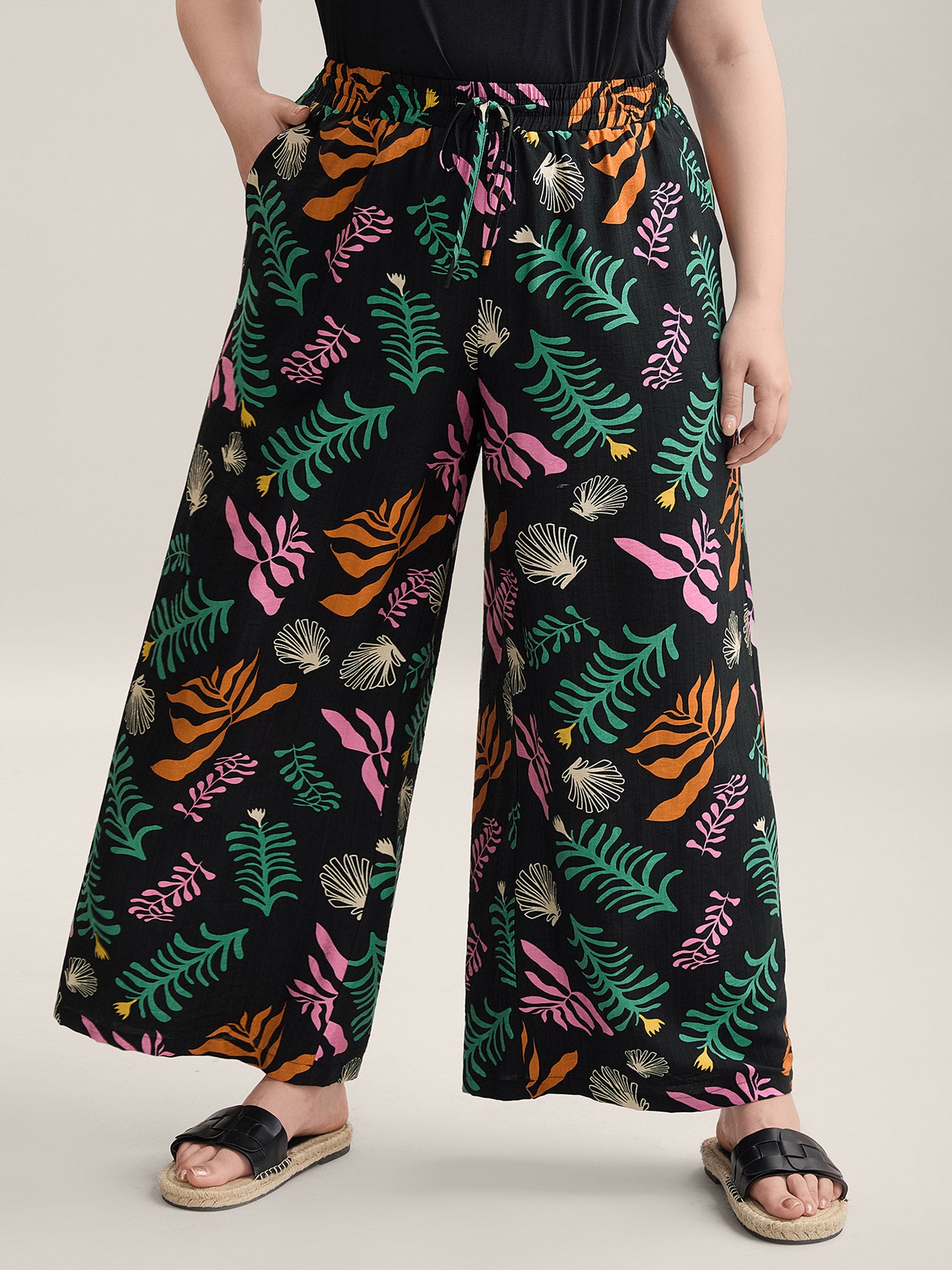 Multi-Color Leaf Print Wide-Leg Pants-Sweetccc