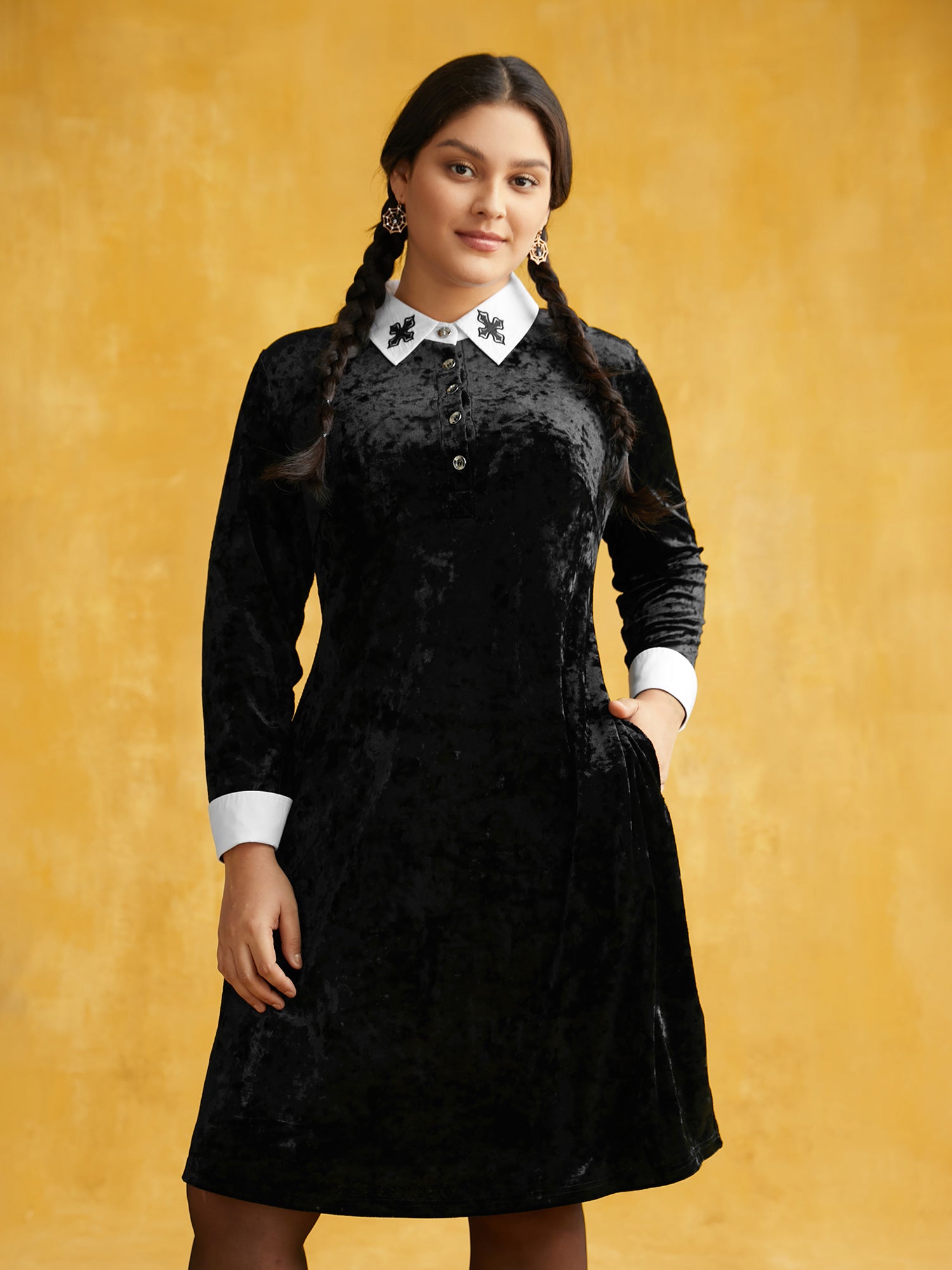 Stretch Velvet Collared Midi Dress-Sweetccc