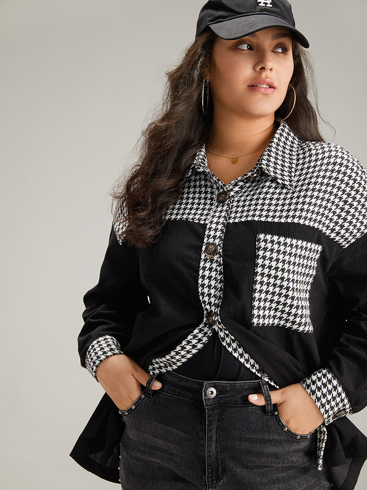 Houndstooth Patchwork Pocket Button Through Corduroy Coat-Sweetccc