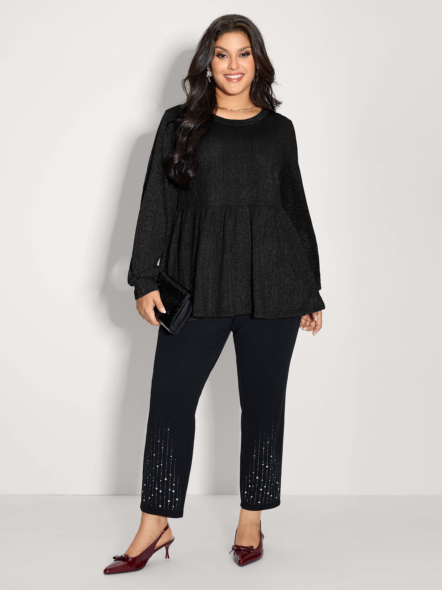 Textured Stretchy Flared Knit Top-Sweetccc