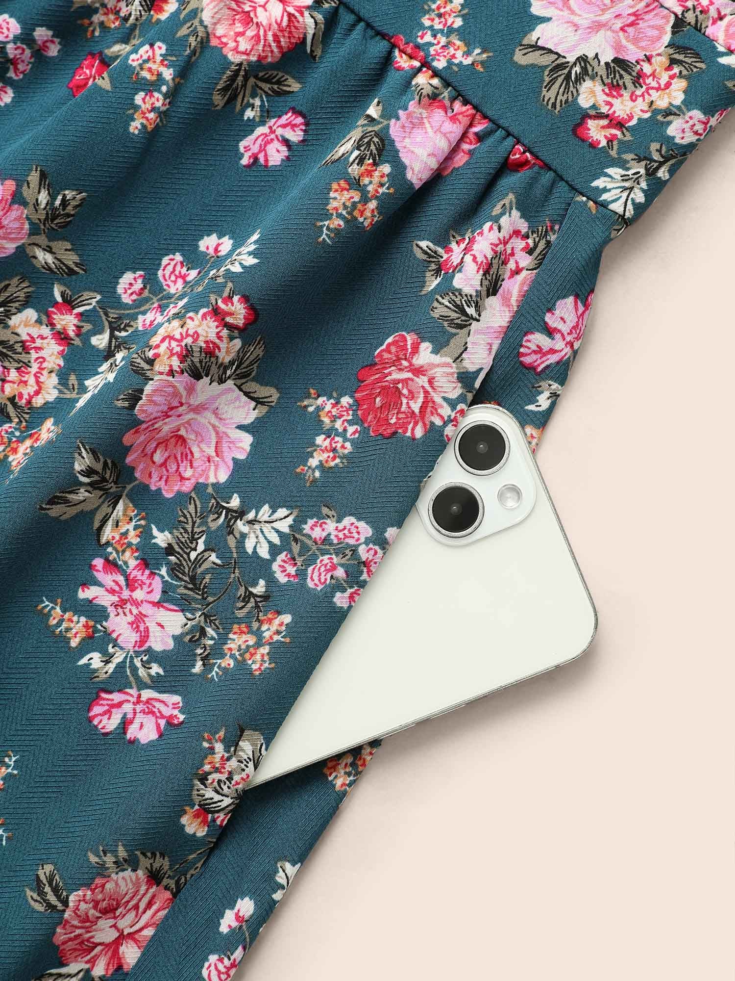 Floral Overlap Collar Gathered Dress-Sweetccc