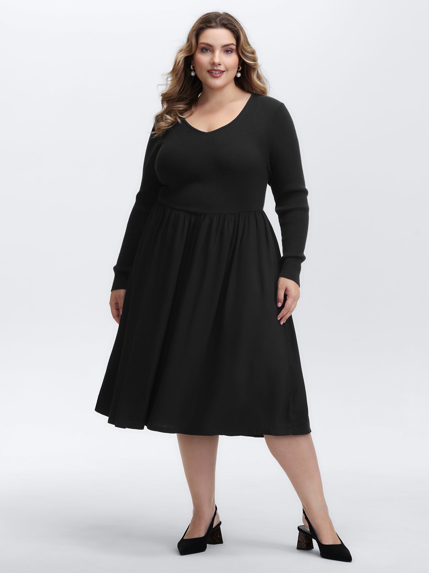 V-Neck Patchwork Plain Sweater Dress-Sweetccc