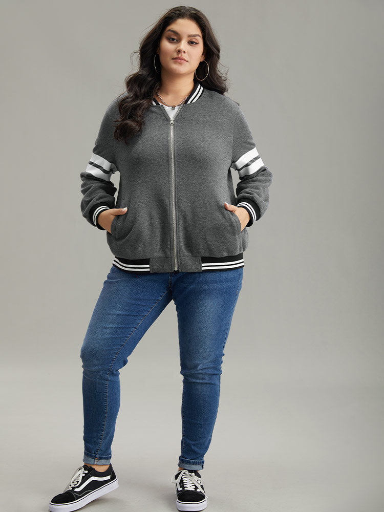 Striped Patchwork Contrast Pocket Zipper Bomber Jacket-Sweetccc