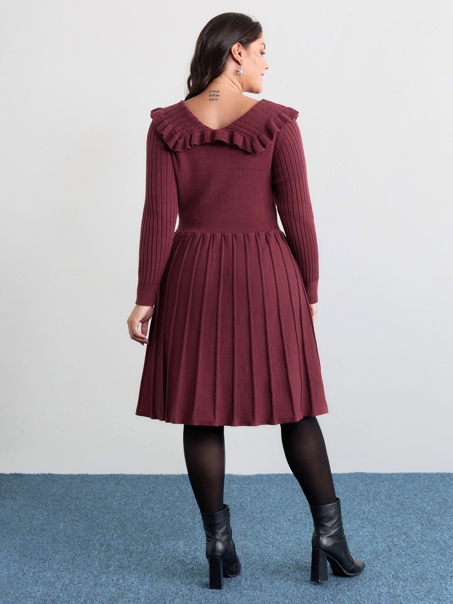 Supersoft Ruffled Neckline Cinched-Waist Sweater Dress-Sweetccc
