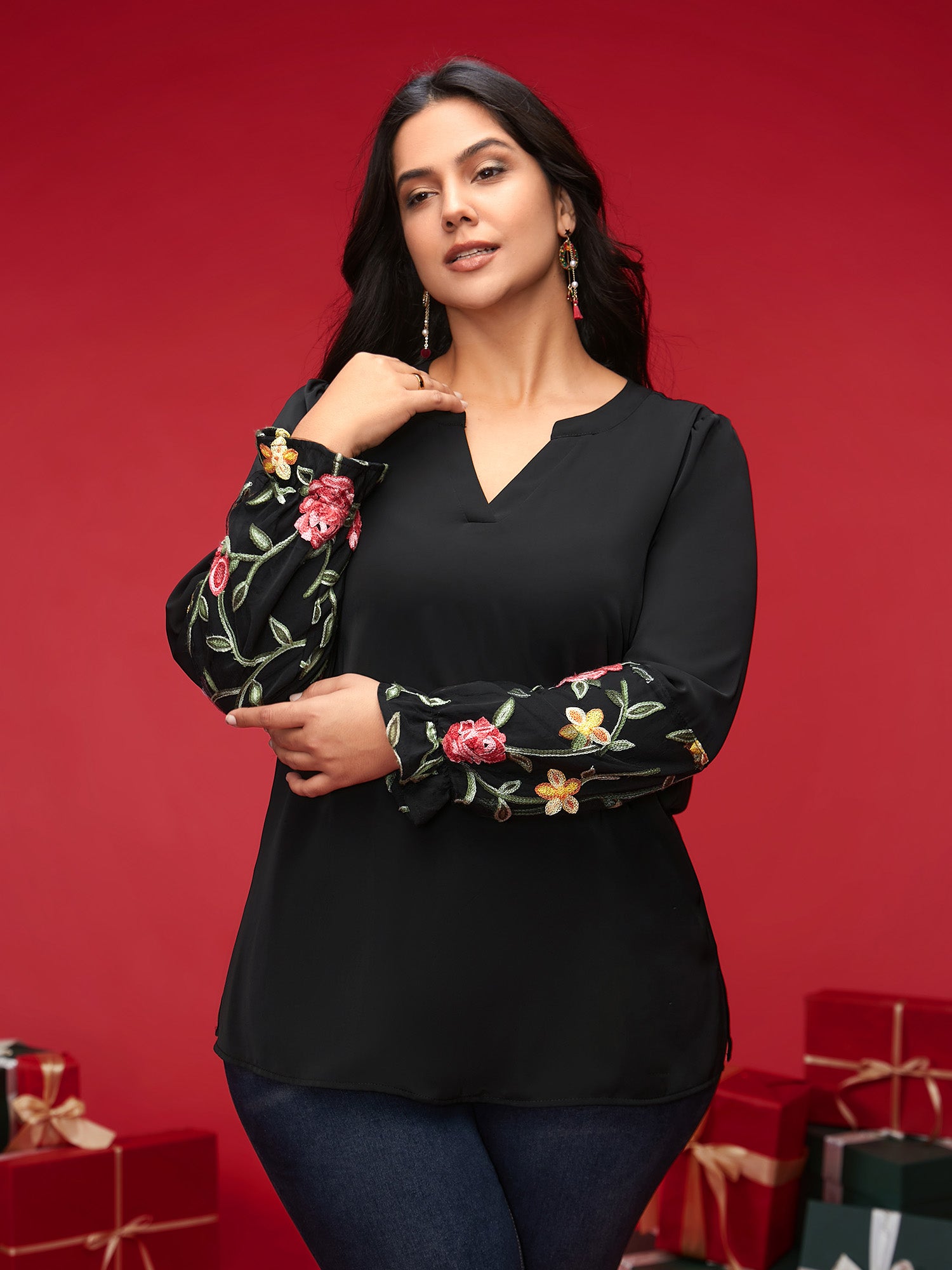 Mesh Floral Embroidered Sleeve Blouse-Sweetccc