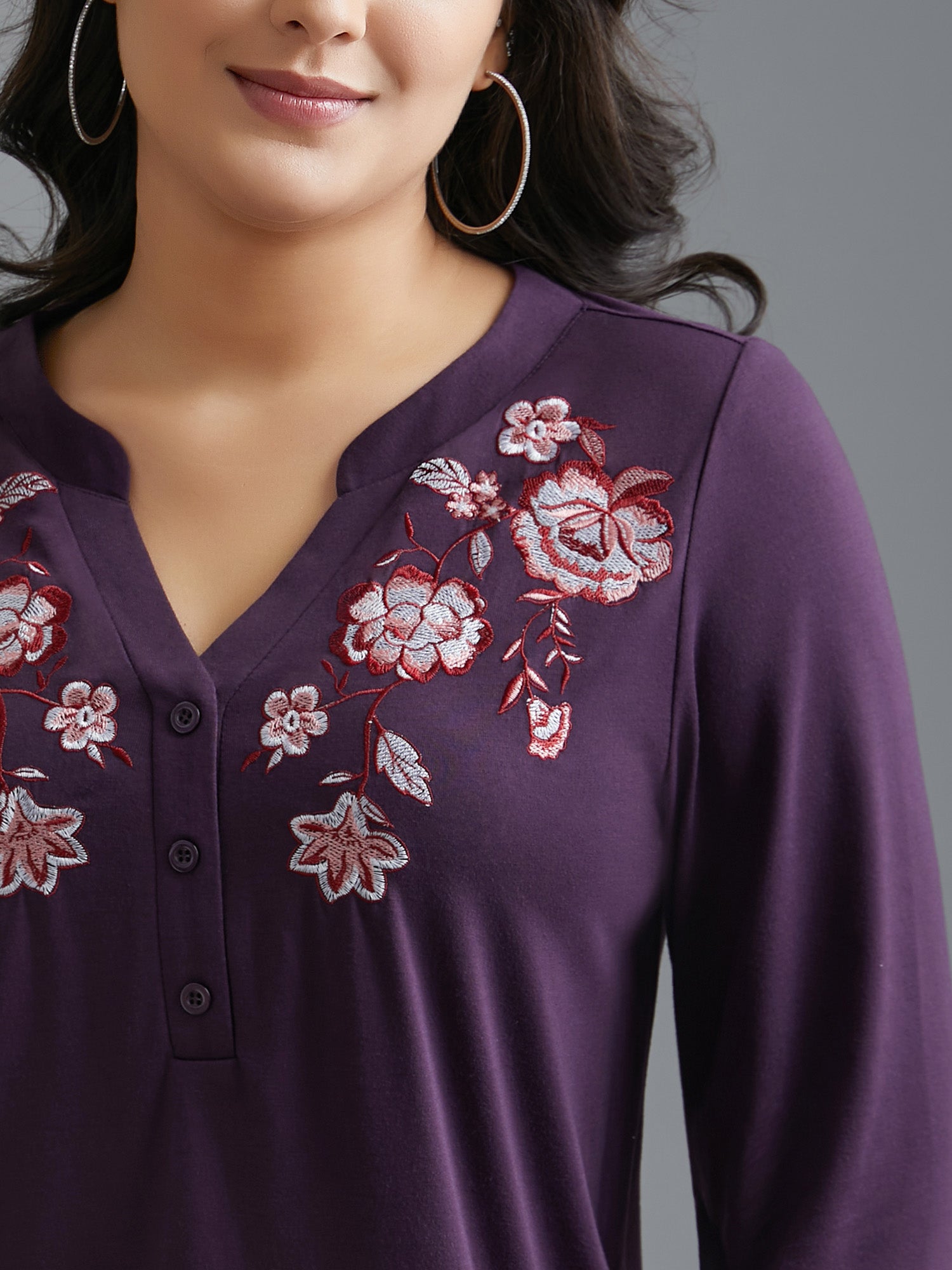 Notched Floral Embroidered  Button Top-Sweetccc