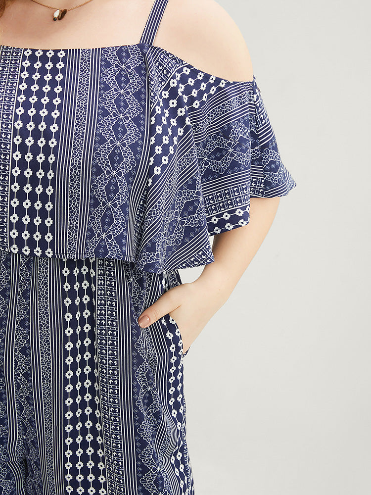 Striped Geometric Pocket Ruffles Cold Shoulder Jumpsuit-Sweetccc