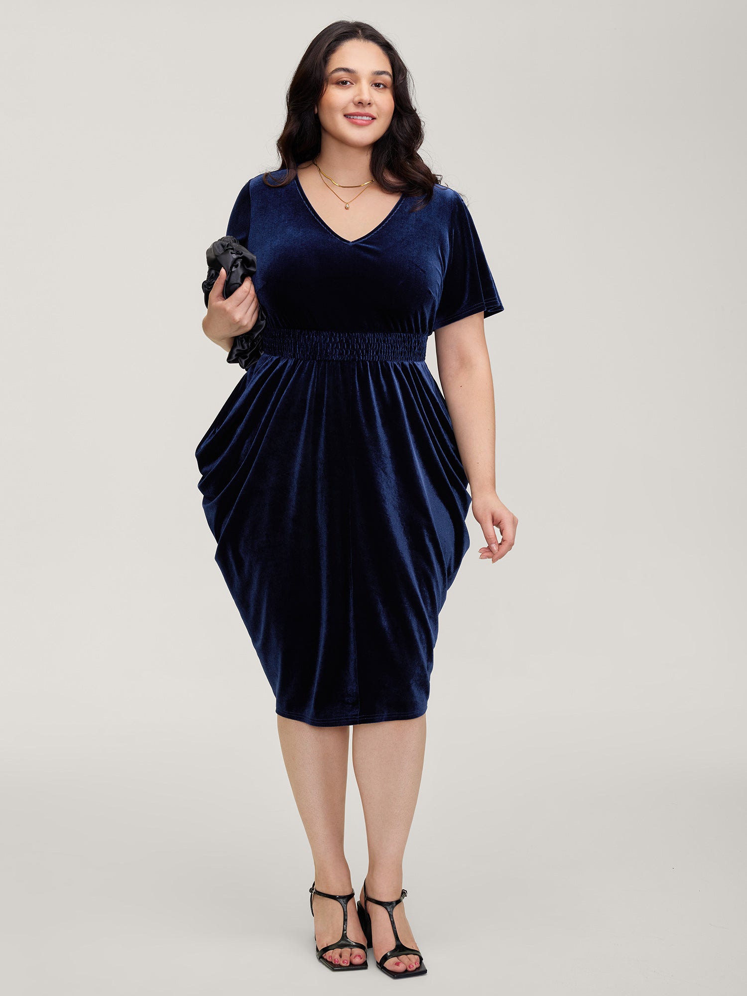 Velvet Shirred Waist Asymmetrical Hem Midi Dress-Sweetccc