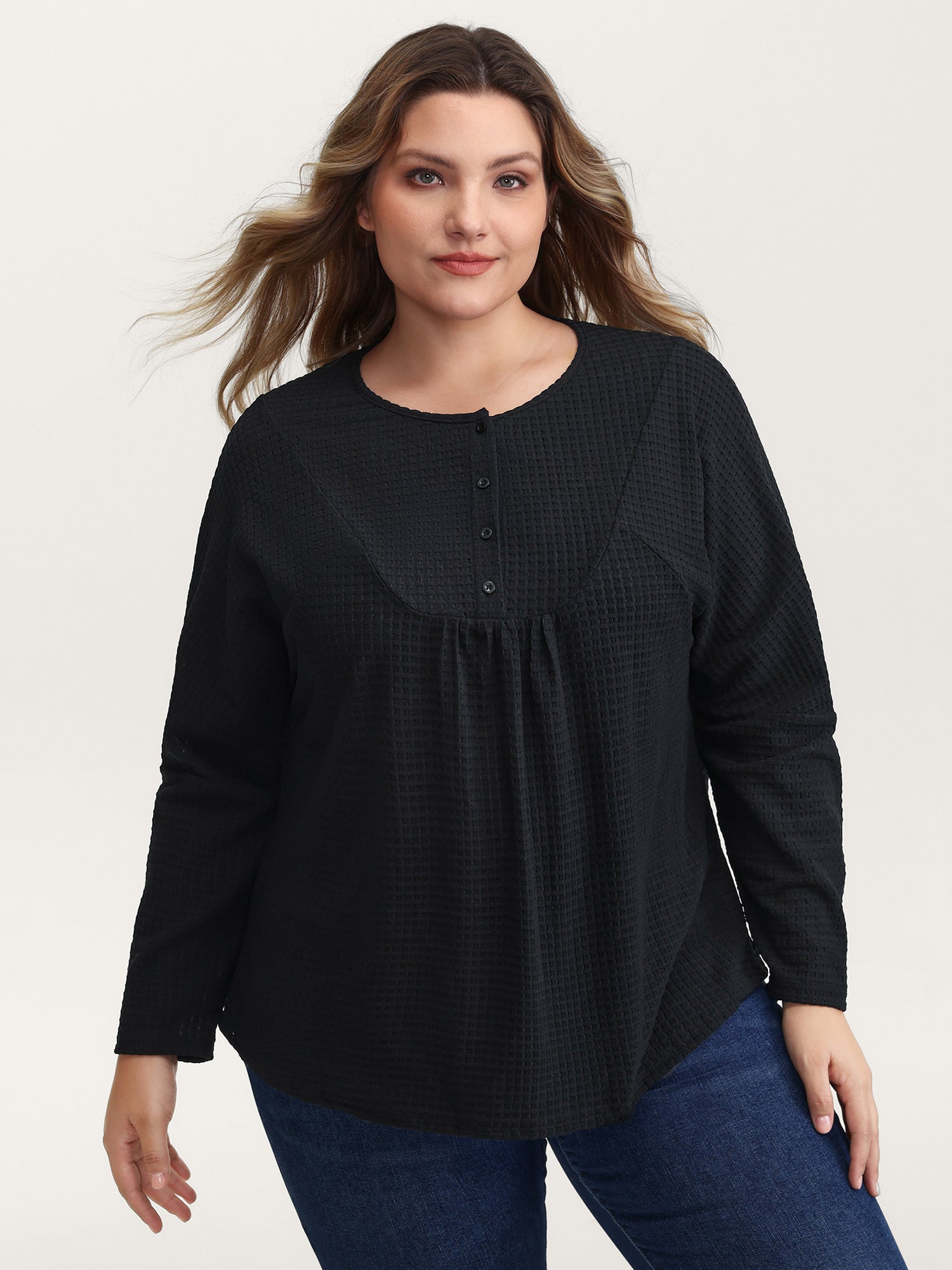 Textured Button Placket Knit Top-Sweetccc