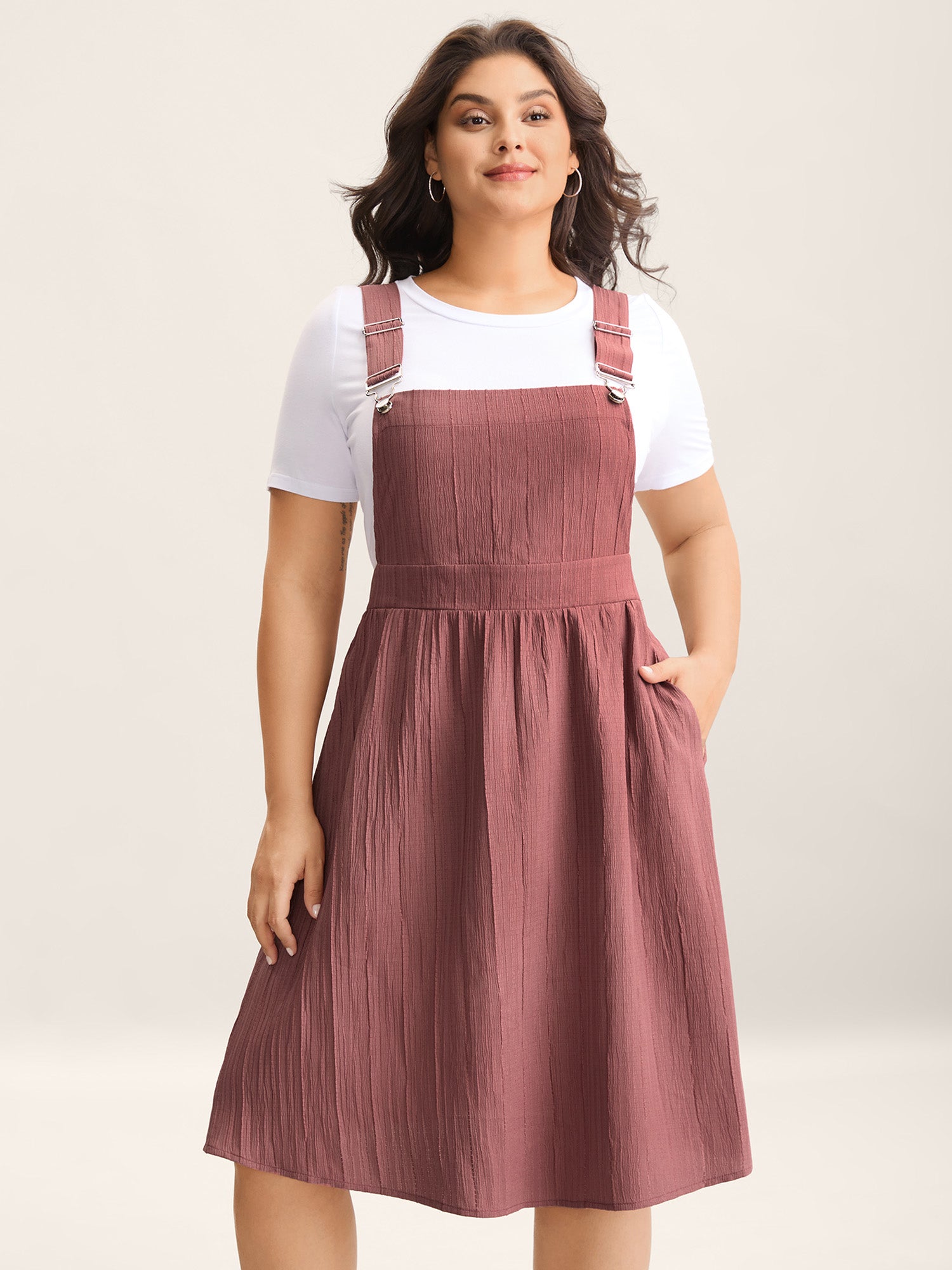 Overall Straps Textured Midi Dress-Sweetccc