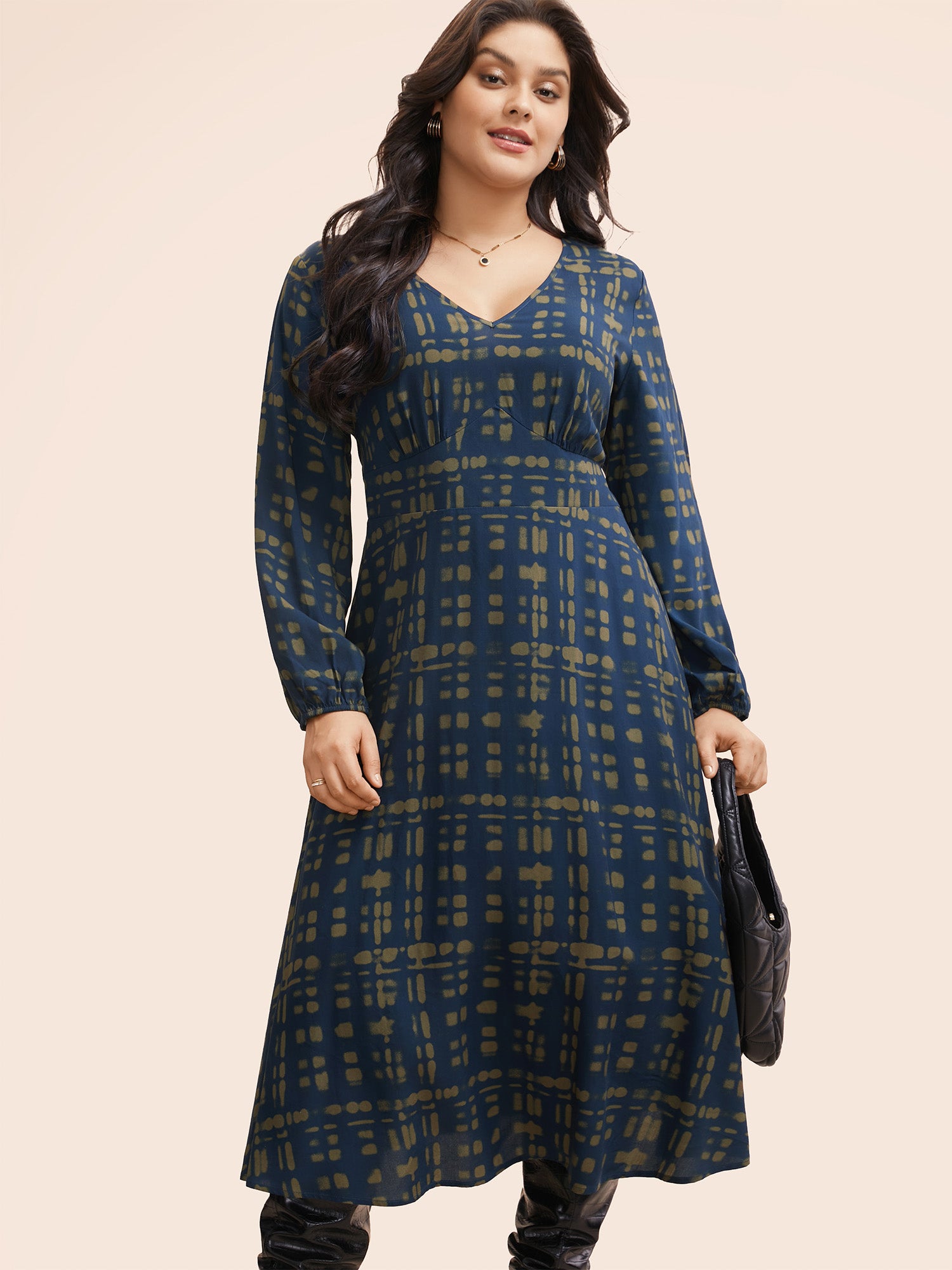V Neck Plaid Lantern Sleeve Dress-Sweetccc