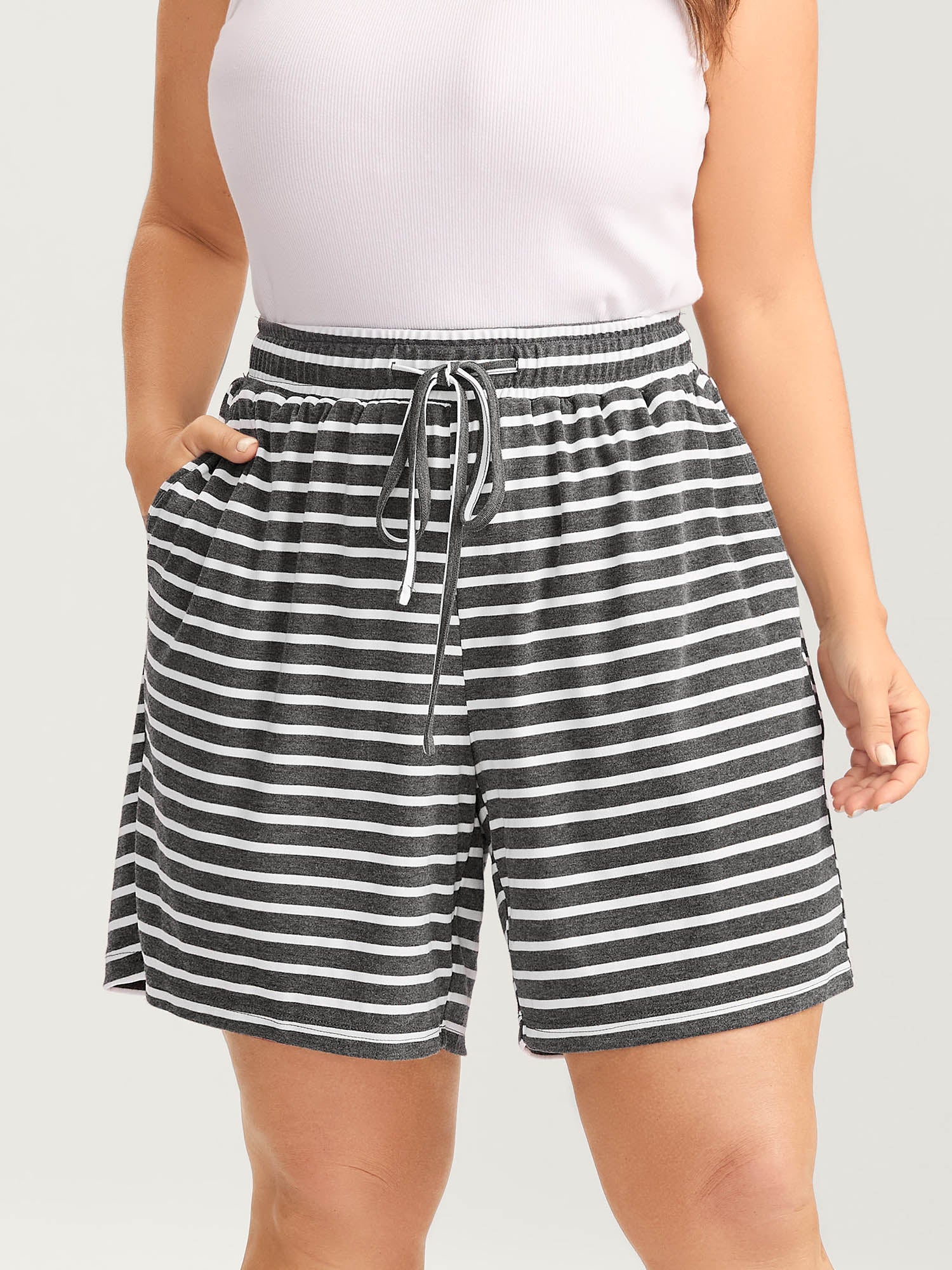 Stripe Print Drawstring Straight-Leg Shorts-Sweetccc
