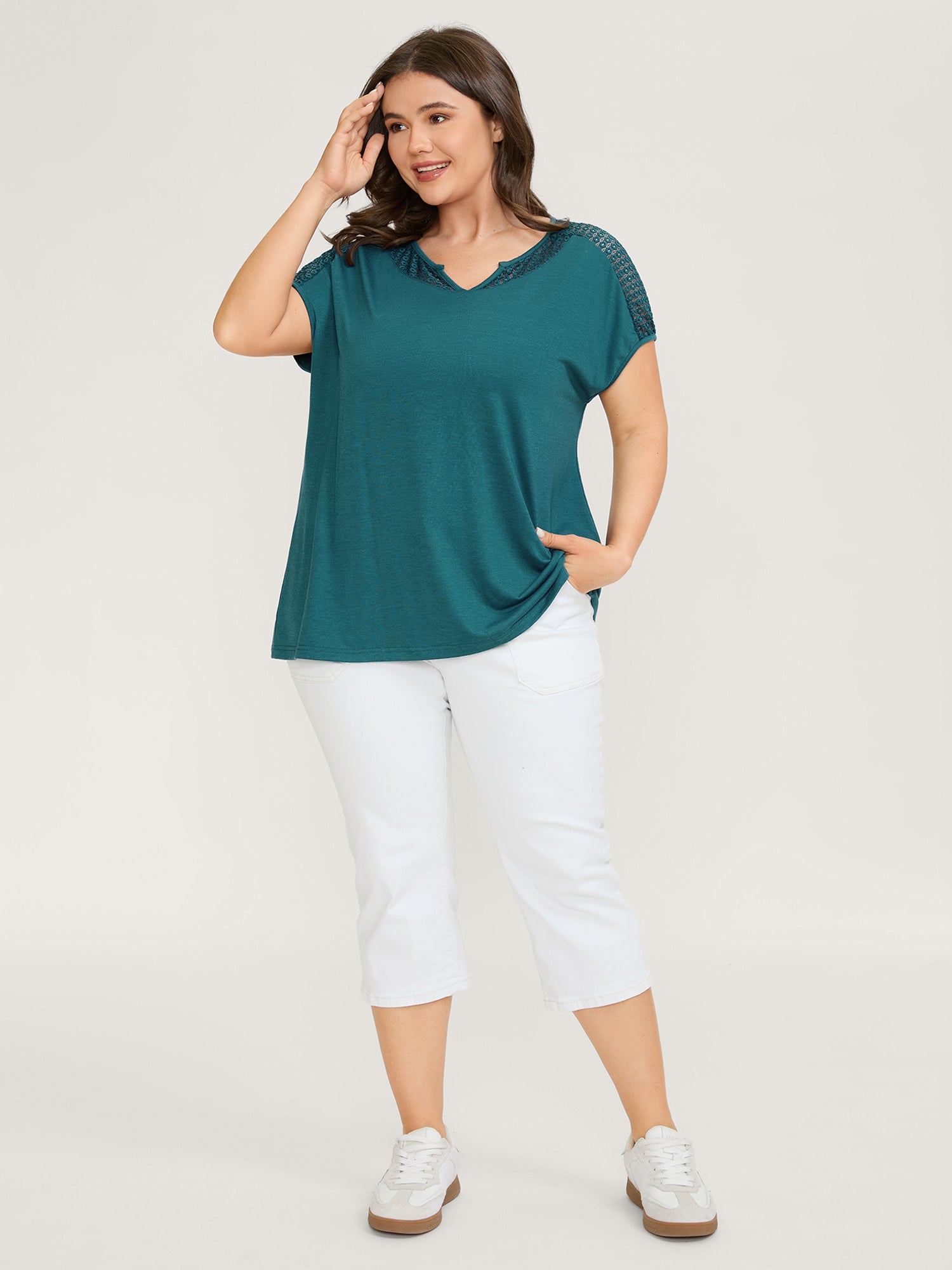 Supersoft Sheer Neckline Solid T-Shirt-Sweetccc
