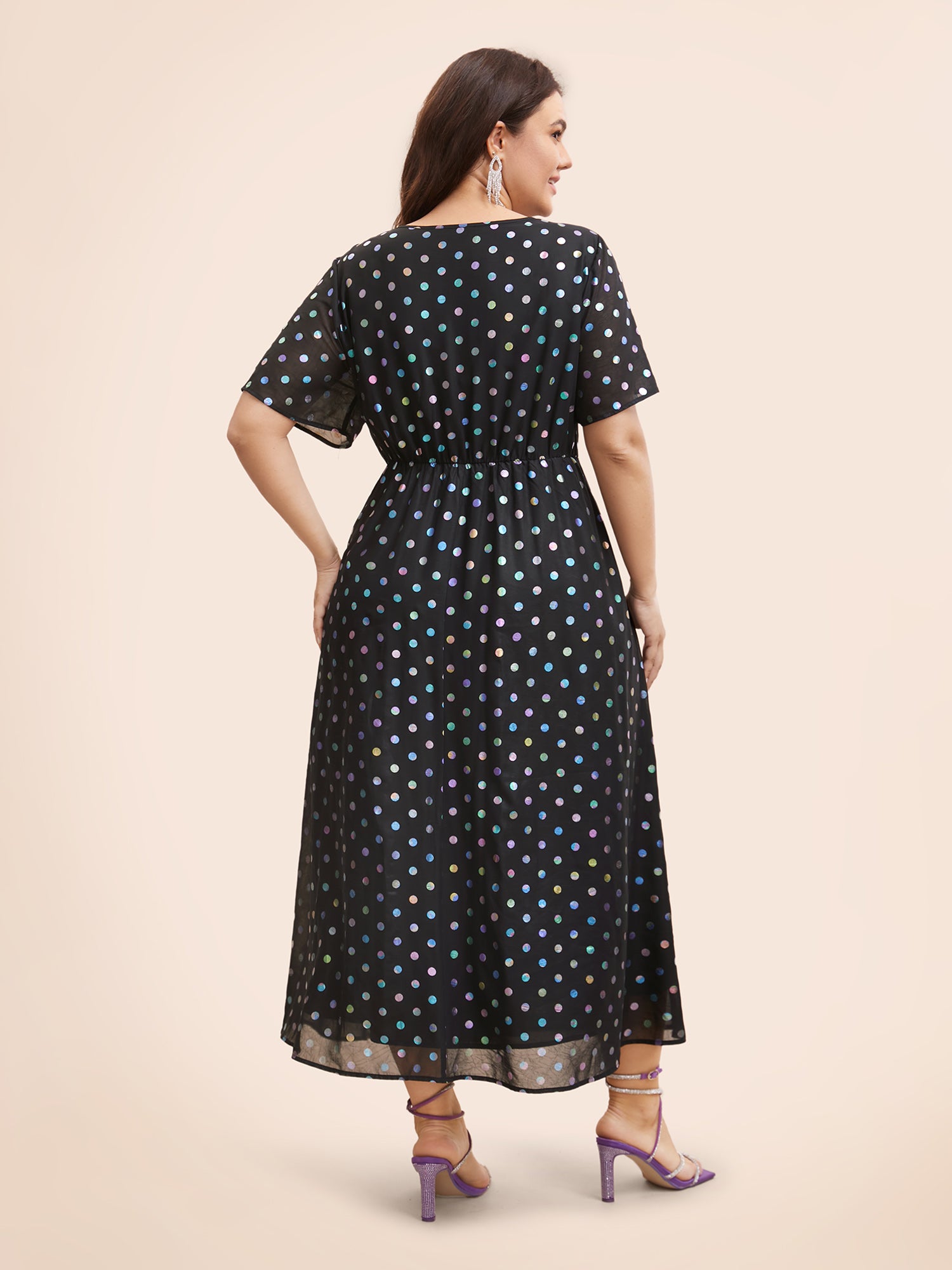 V Neck Polka Dot Glitter Ruffle Sleeve Dress-Sweetccc