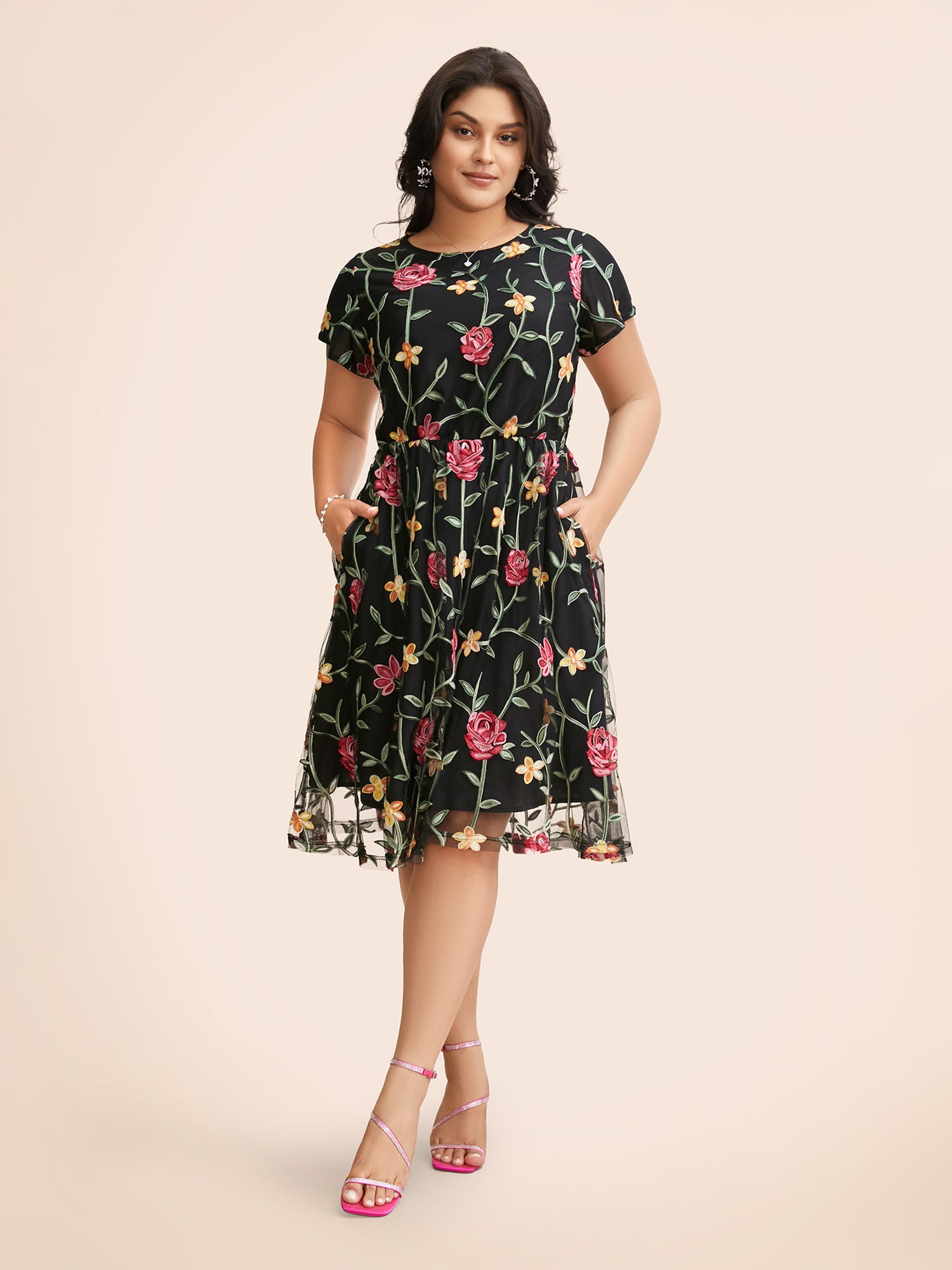 Floral Embroidered Mesh Backless Dress-Sweetccc