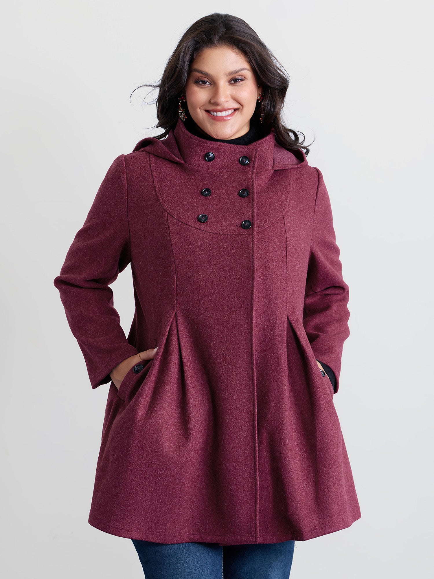 Hooded Pleated Pockets Waist-Defining Coat-Sweetccc