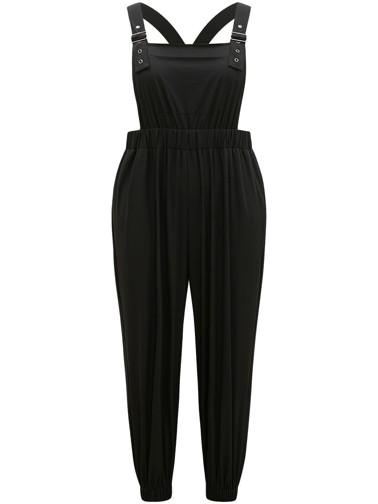Solid Pocket Back Crisscross Elastic Waist Jumpsuit-Sweetccc