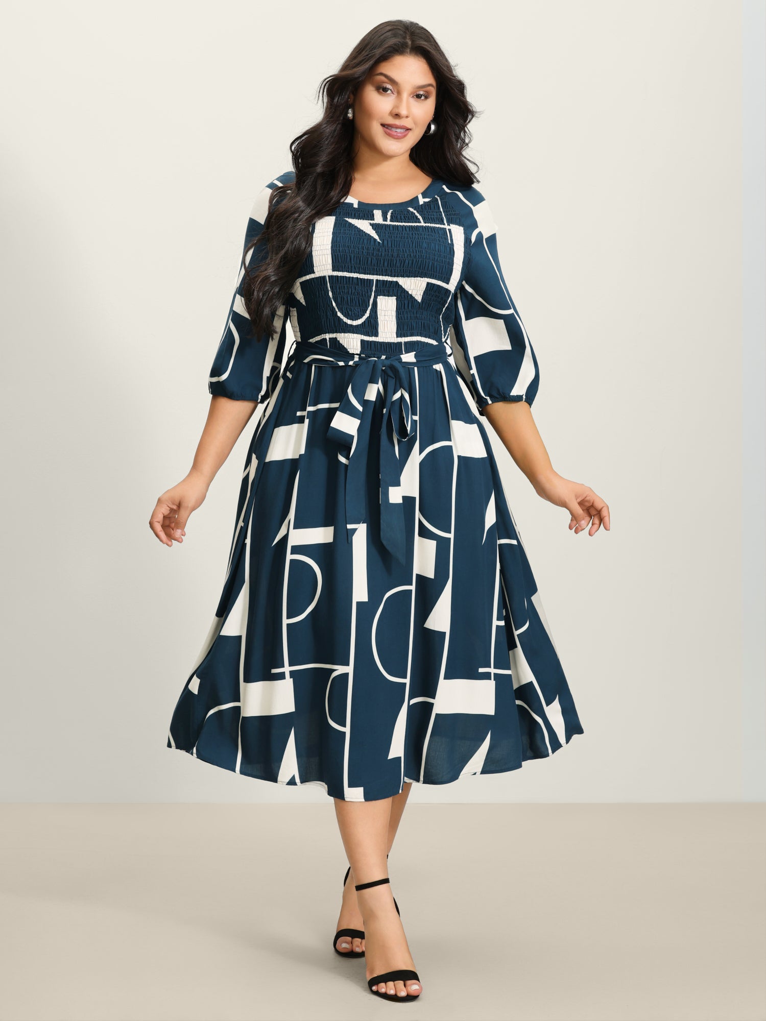 Supersoft Geometrical Print Shirred Bodice Tie Maxi Dress-Sweetccc