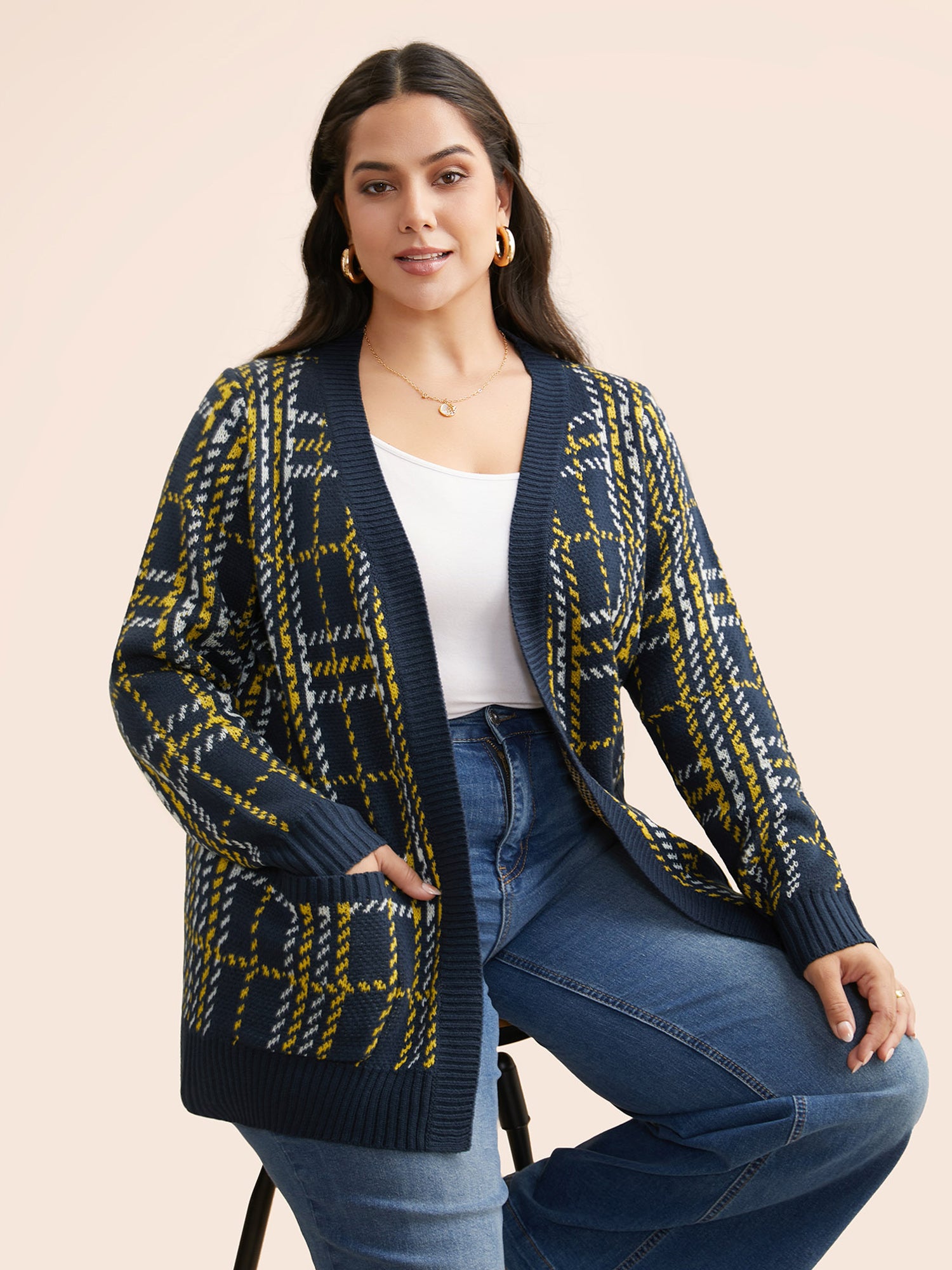 Kimono Collar Plaid Pocket Cardigan-Sweetccc
