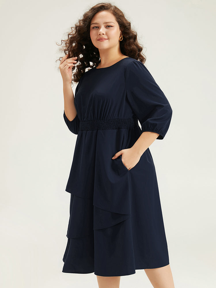 Twill Flutter Shirred Asymmetrical Layered Hem Dress-Sweetccc