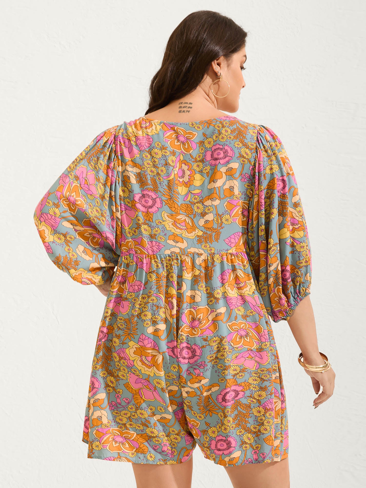 Floral Print Puffy Sleeve Flowy Romper-Sweetccc