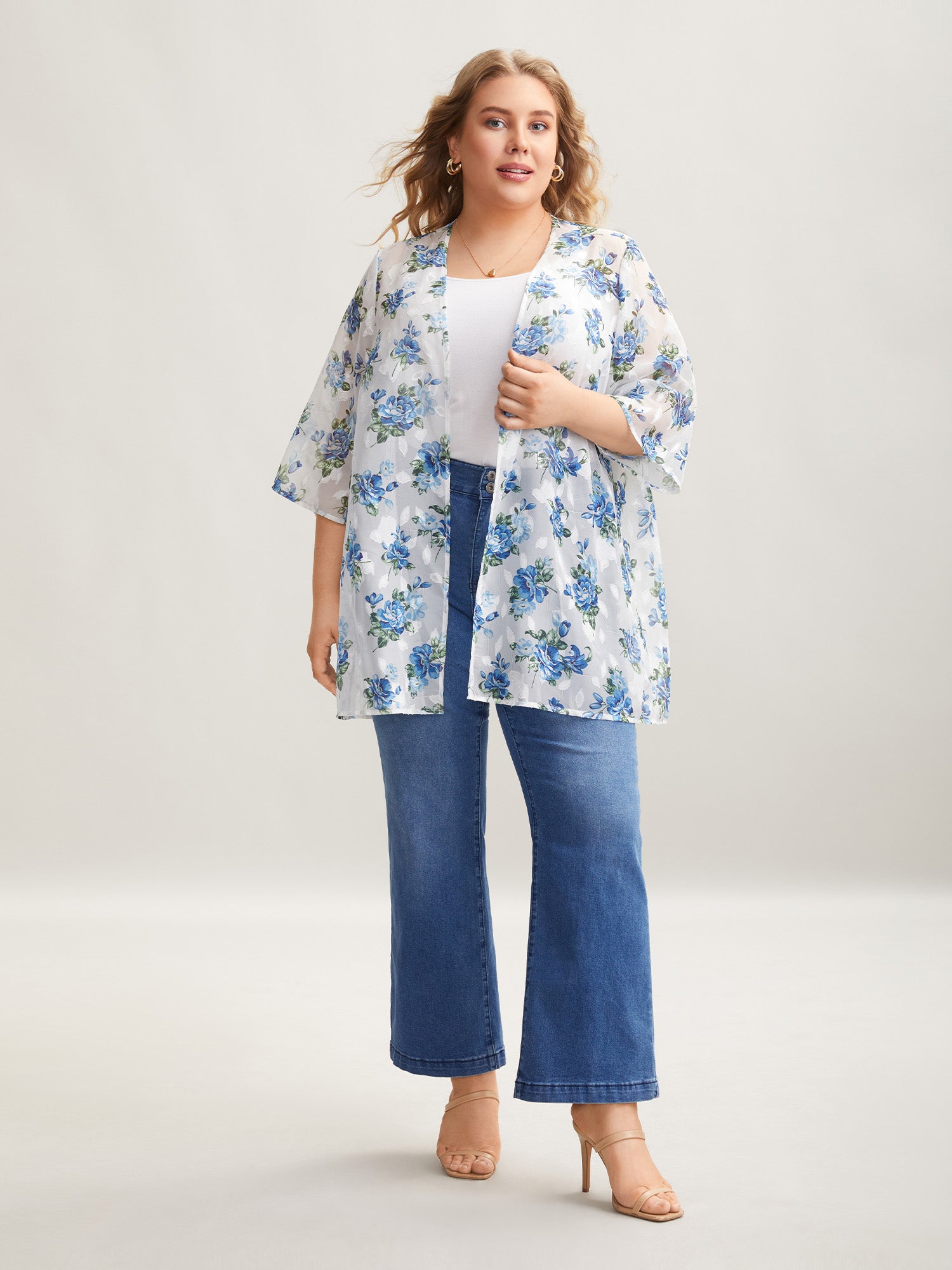 Textured Printed Puff Sleeve Kimono Cardigan-Sweetccc