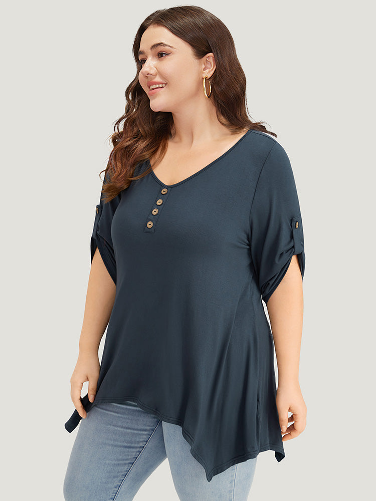 Supersoft Essentials Asymmetrical Hem Roll Sleeve Button Detail T-shirt-Sweetccc