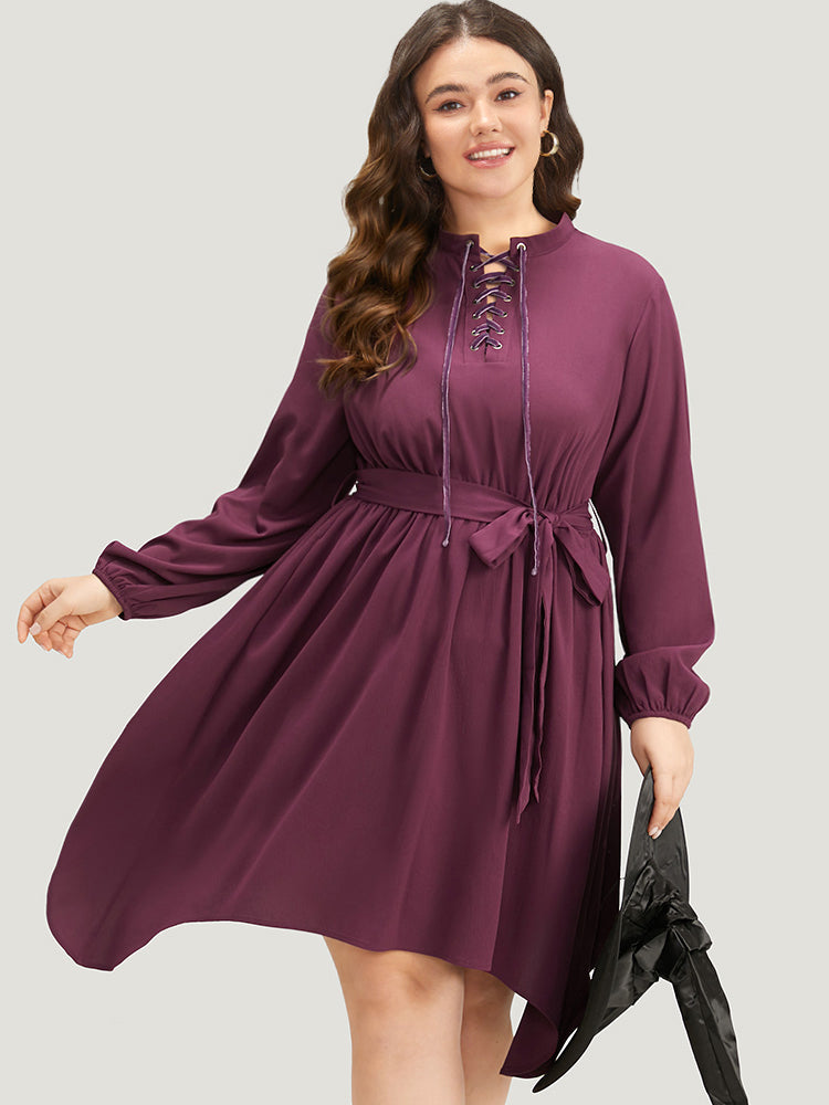 Halloween Plain Lantern Sleeve Belted Lace Up Asymmetrical Hem Dress-Sweetccc