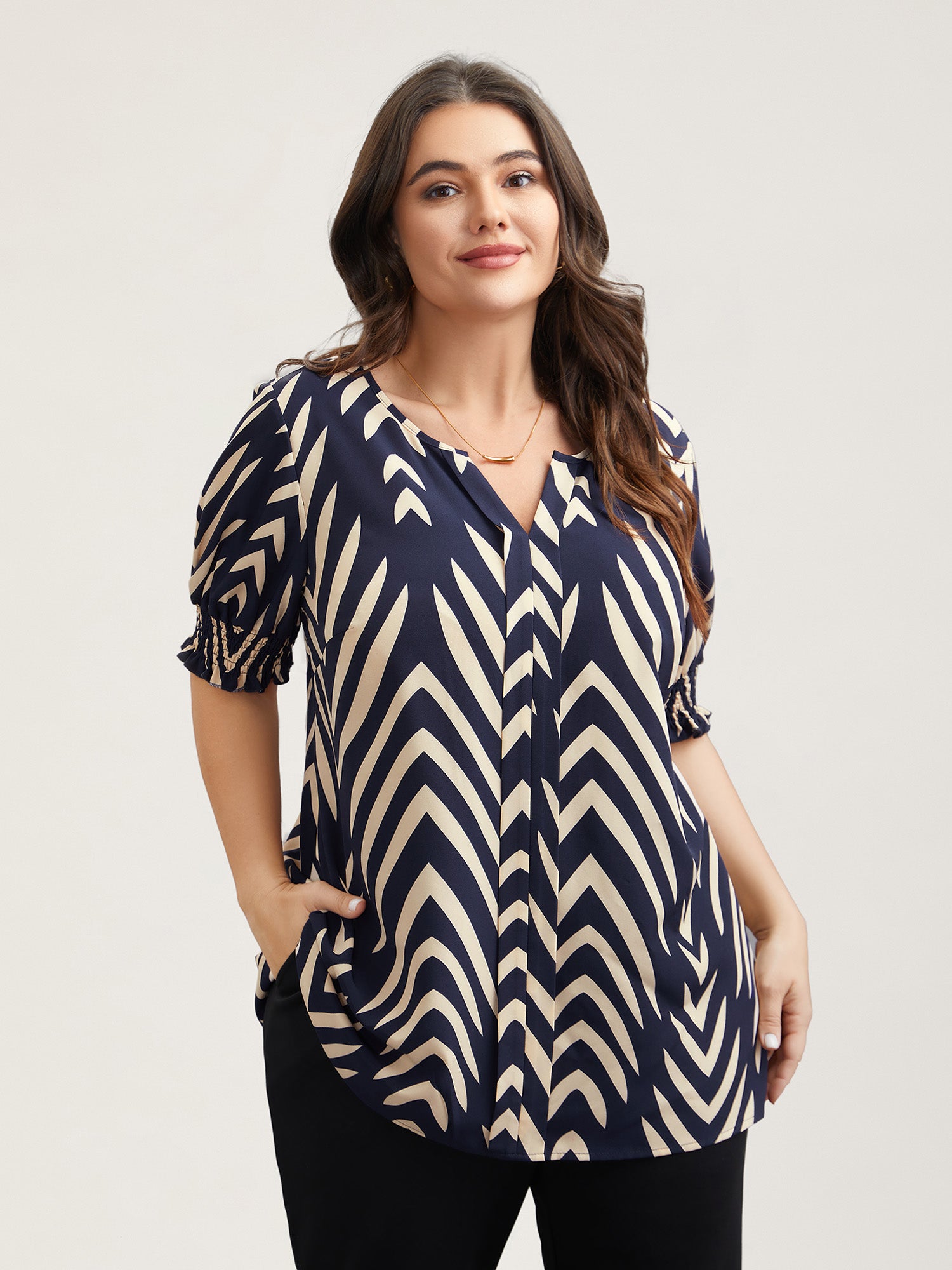 Geometric Print Ruffled Shirred Shirt-Sweetccc