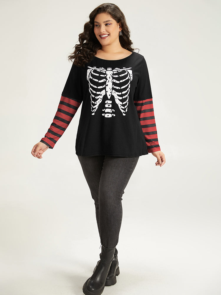 Halloween Striped & Skull Print Patchwork T-shirt-Sweetccc