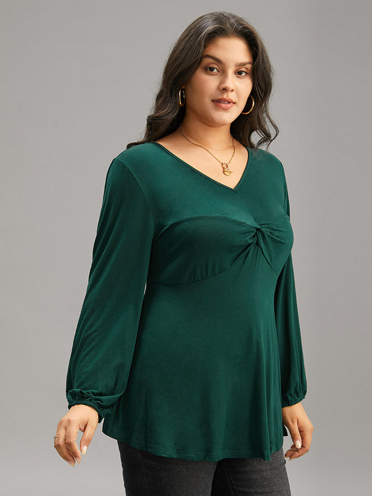 Solid Twist Front Ruched Lantern Sleeve T-shirt-Sweetccc