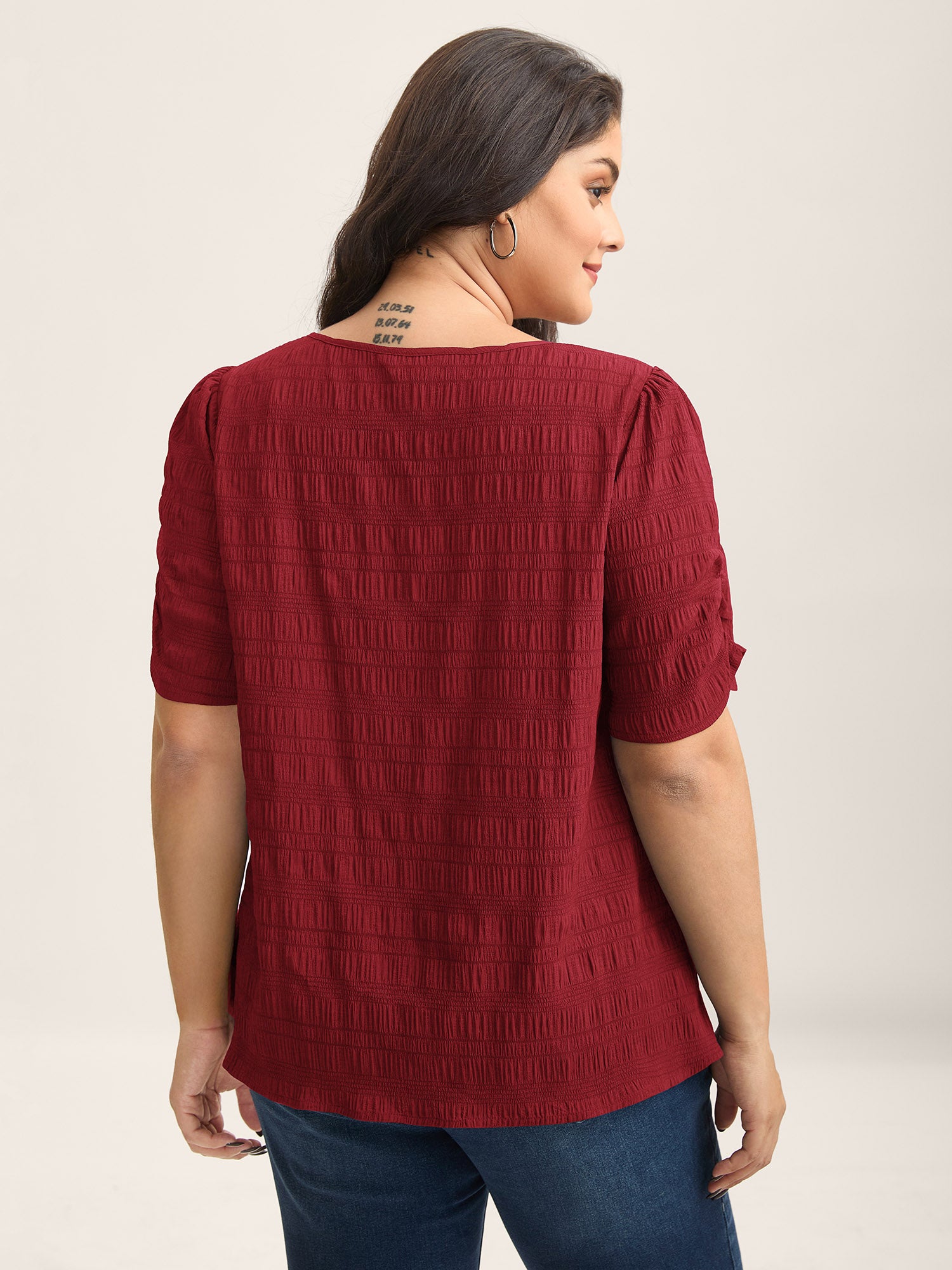 Textured Gathered Sleeve Split Neck Blouse-Sweetccc