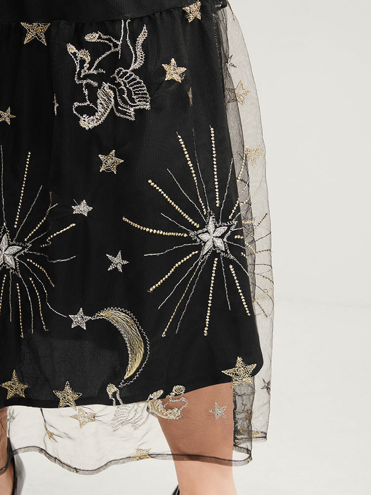 Moon And Star Pocket Lantern Sleeve Embroidered Mesh Dress-Sweetccc