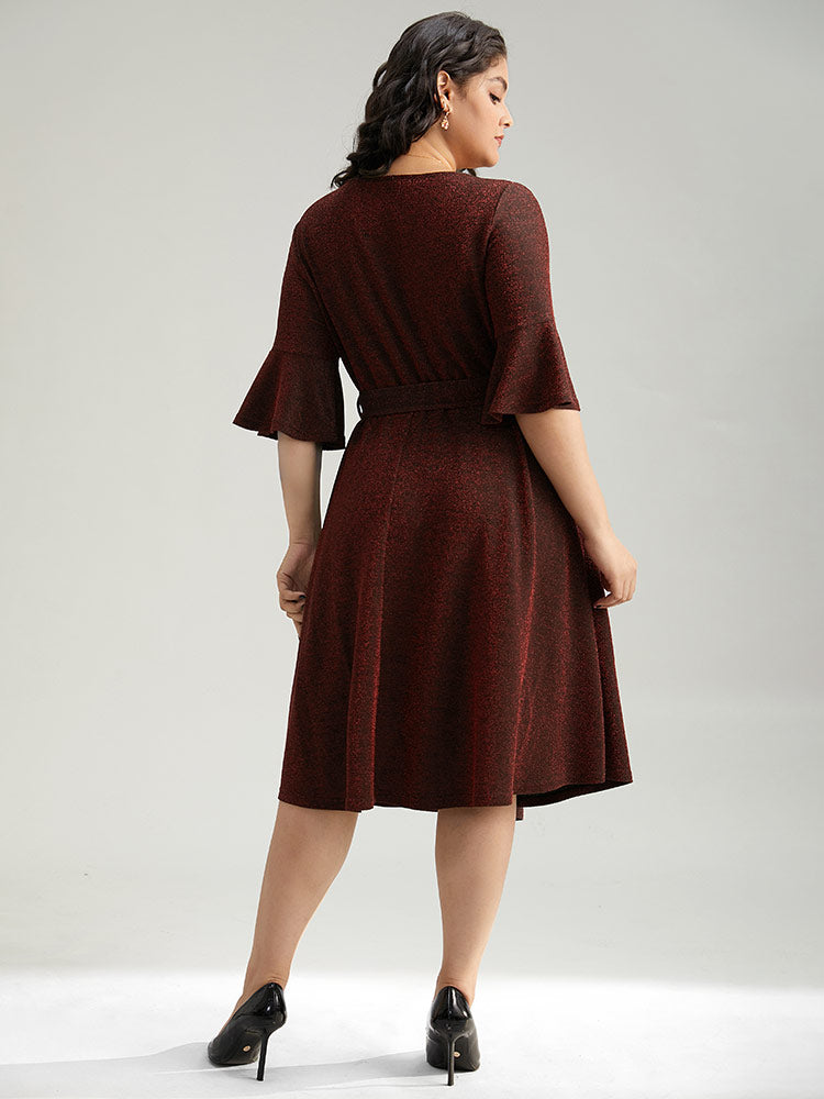 Lurex Belted Flutter Sleeve Dress-Sweetccc