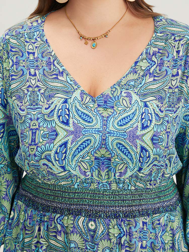 Paisley Print Shirred Flutter Trim Dress-Sweetccc