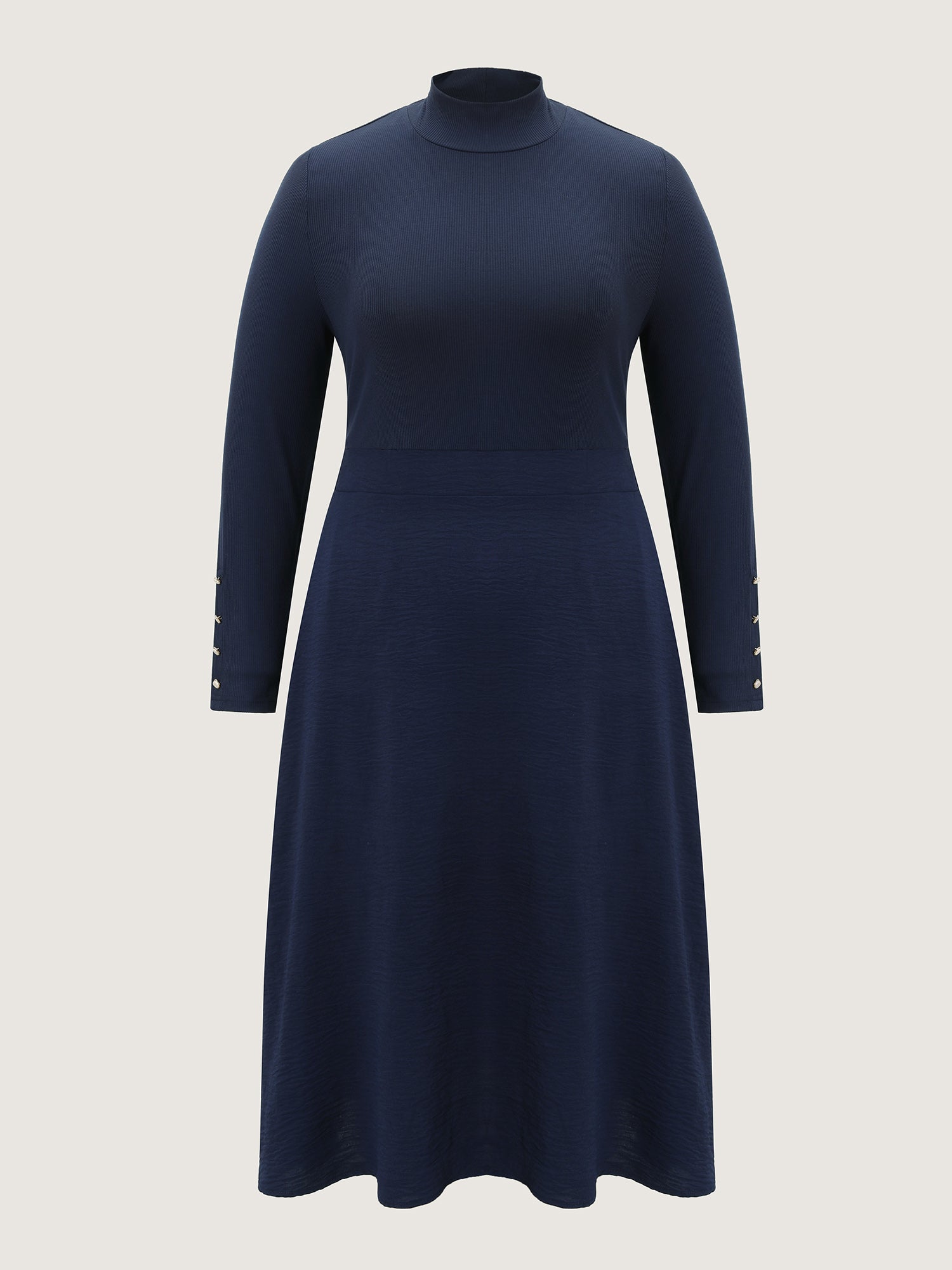 Mock Neck Waist-Defining Button Midi Dress-Sweetccc