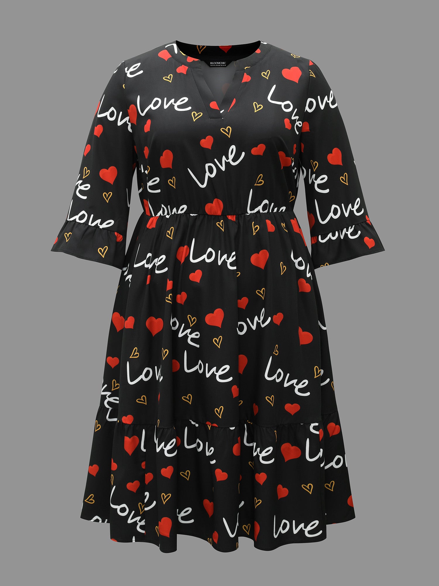 Notched Collar Heart Print Tiered Midi Dress-Sweetccc