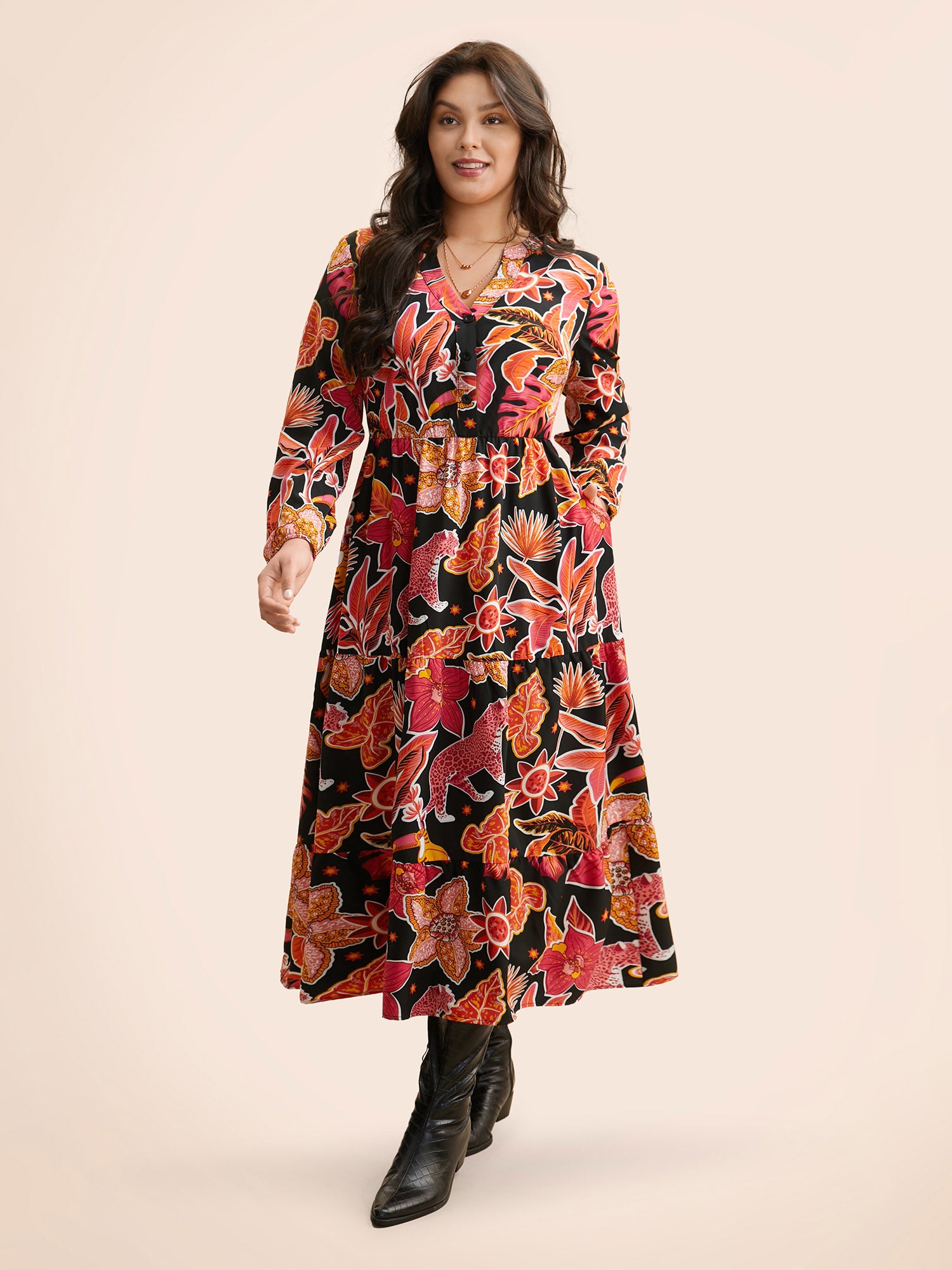 Notched Floral Elastic Waist Maxi Dress-Sweetccc